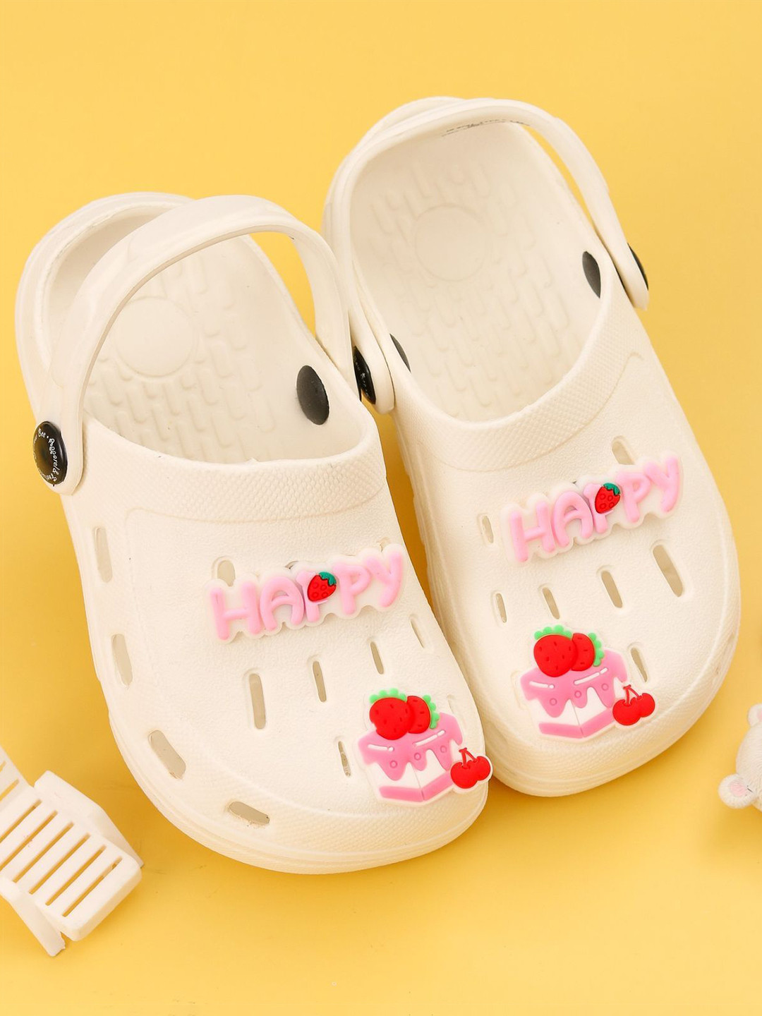 Yellow Bee Girls Clogs with Happy & Cherry Cake Charms