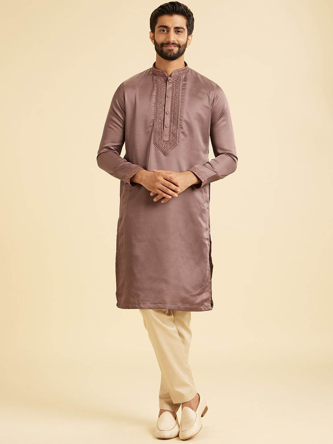 Manyavar Adults-Men Woven Design Yoke Design Satin Kurta with Pyjamas