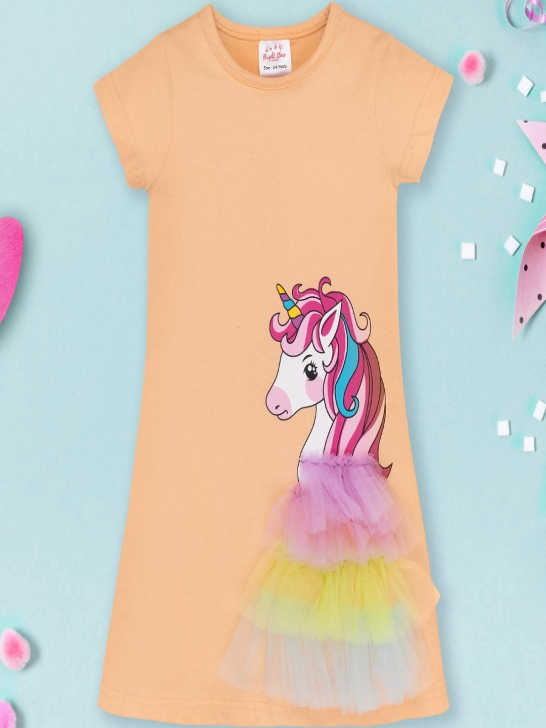 BRIGHT STARS KIDSWEAR Girls Peach Unicorn Print Round Neck Casual Dress