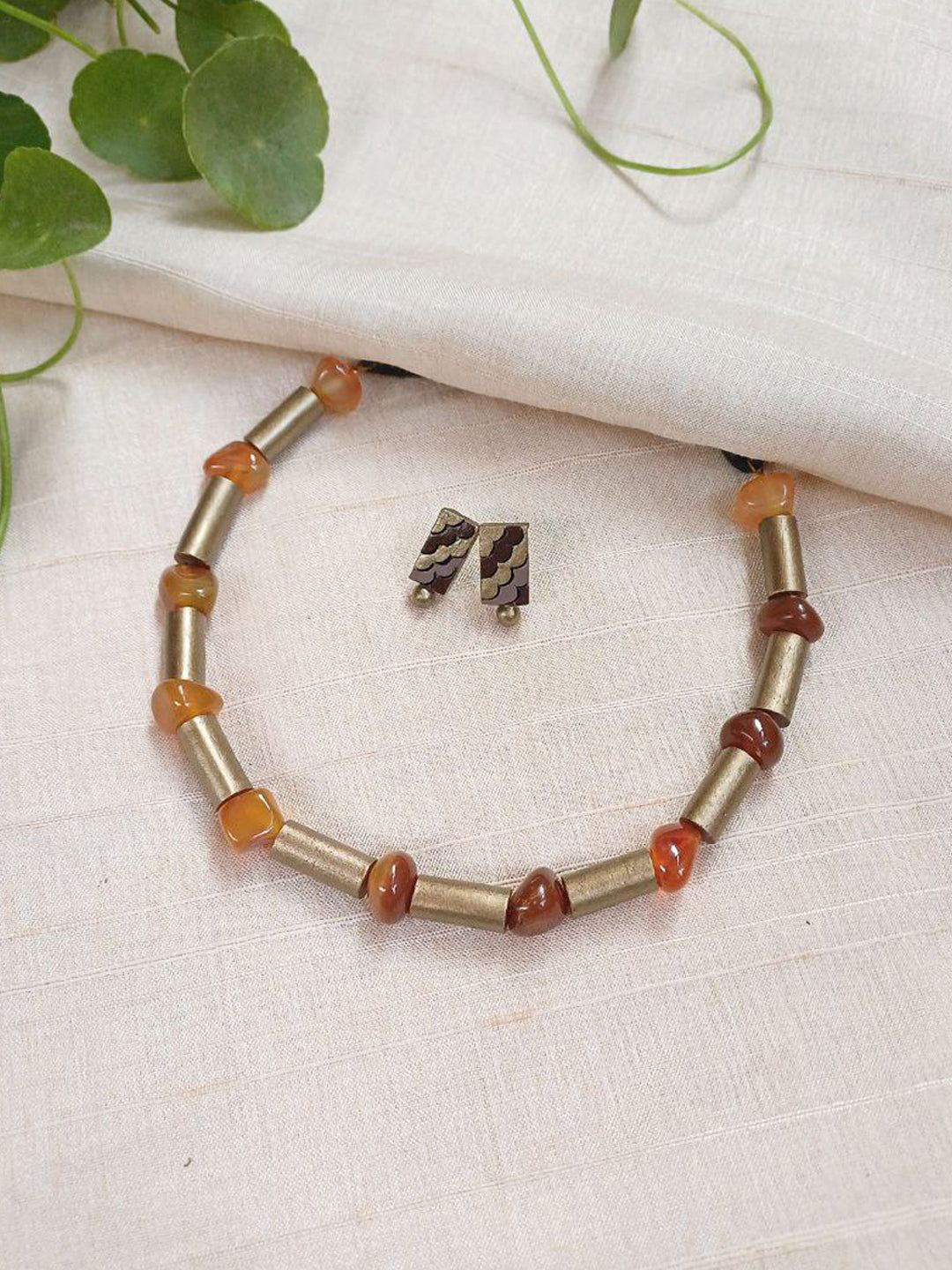 JUMKEY  Women Terracotta Earth-Toned Tube Bead Necklace Set