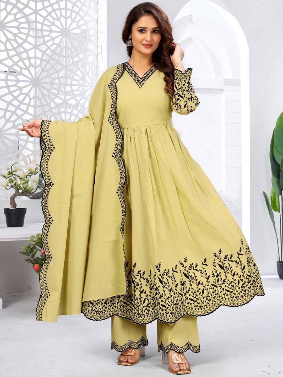 WINE LADY Floral Embroidered Thread Work Pure Cotton Kurta With Palazzos & Dupatta