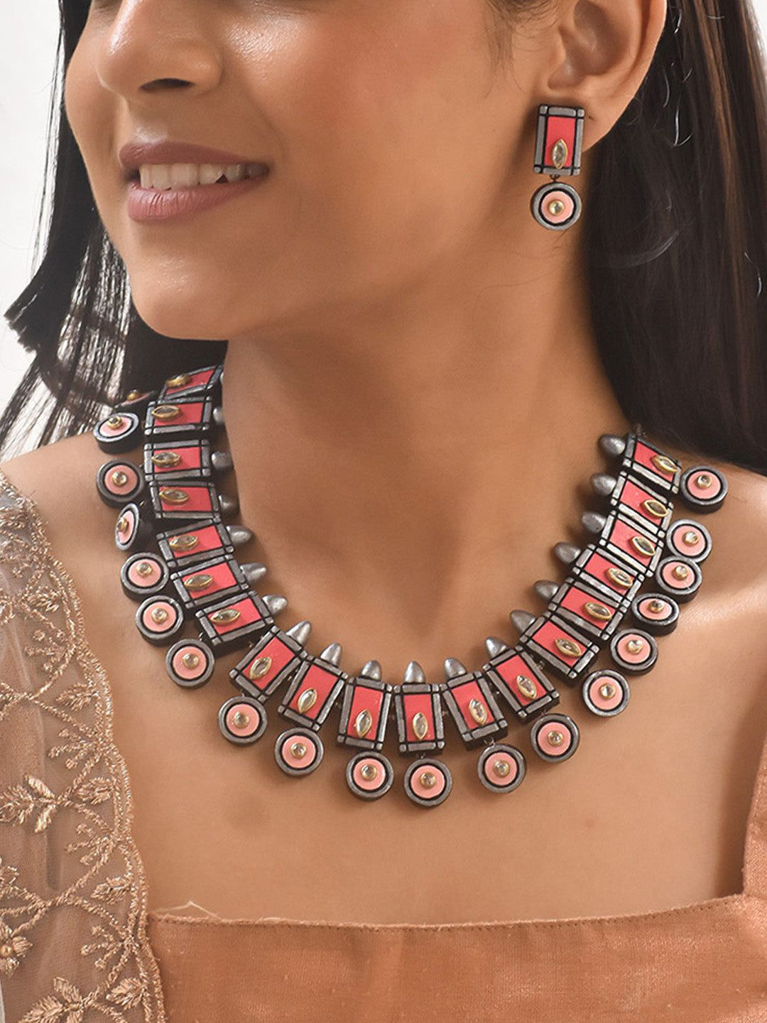 JUMKEY Terracotta Statement Jewellery Set