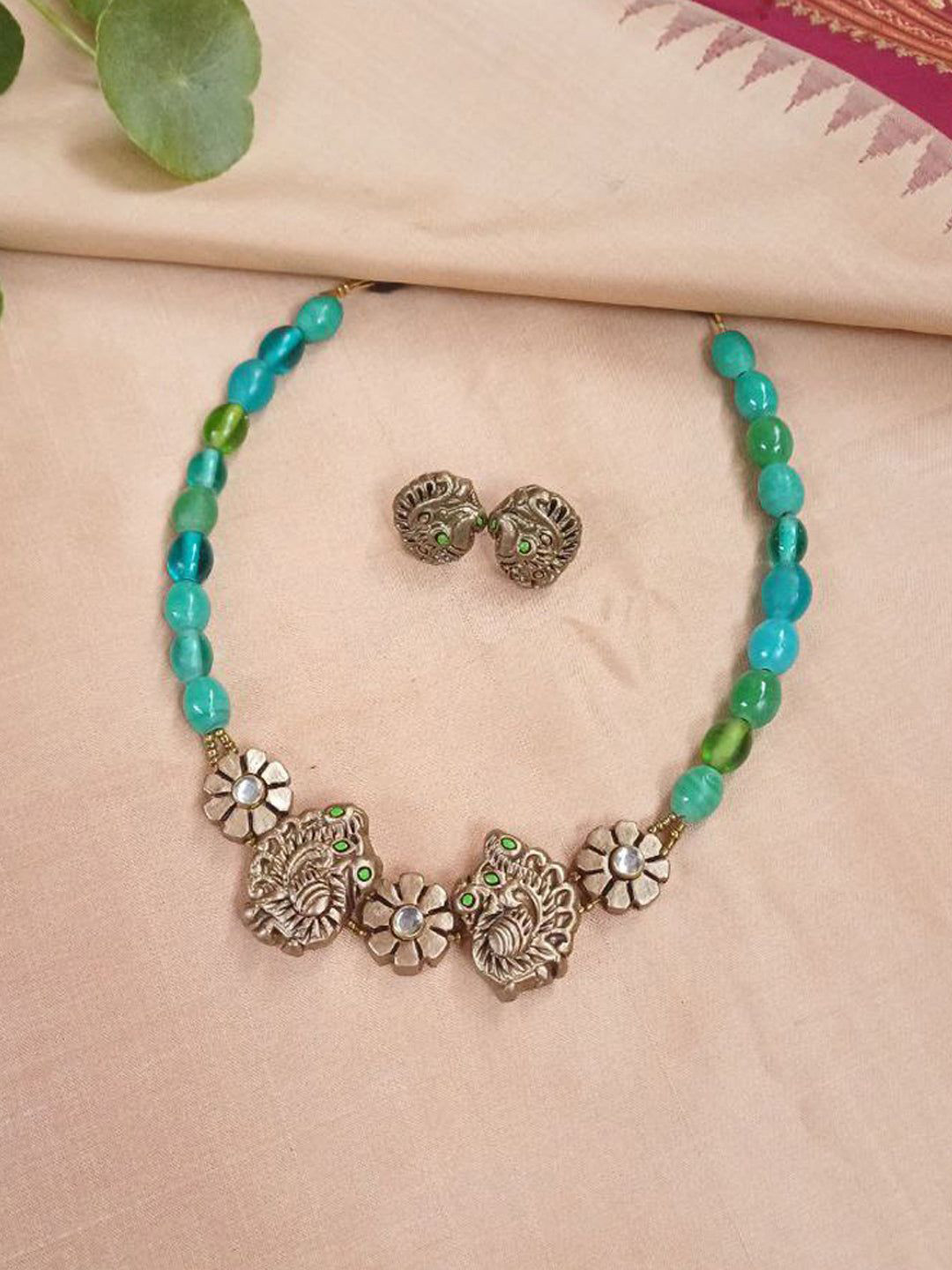 JUMKEY Beaded Twin Peacock Motif & Floral Jewellery Set