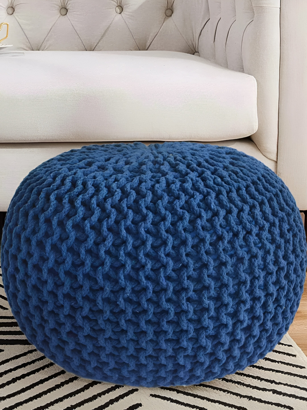COMFIDELITAS Melton Blue Knitted Round Pouffe