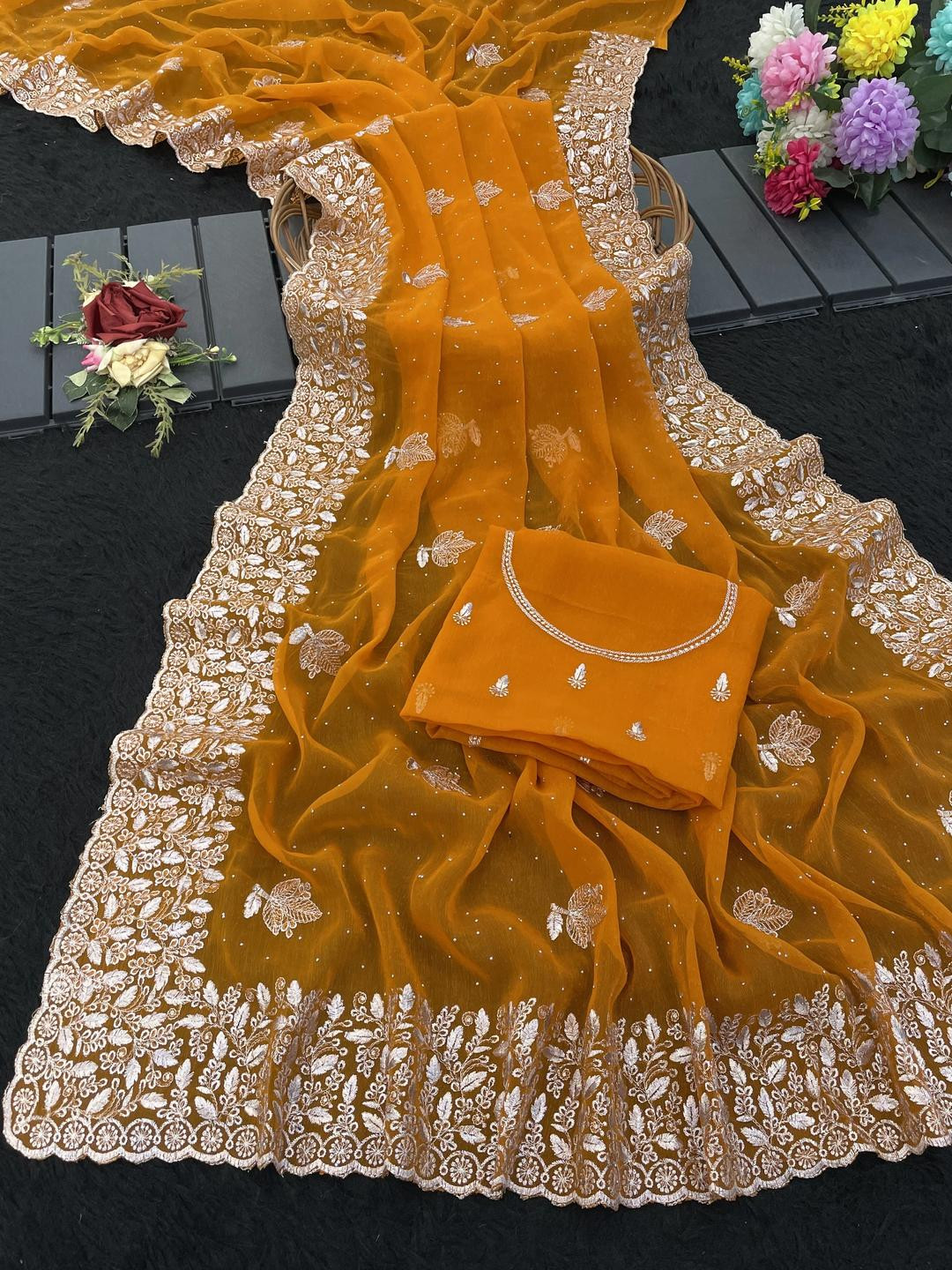 KHRITI FAB Orange Embroidered Organza Sarees