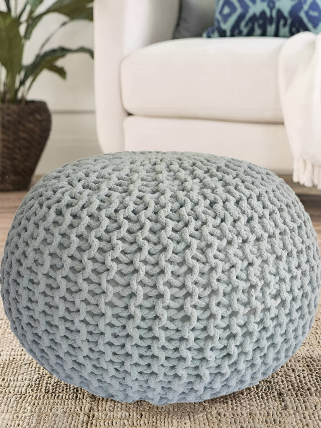 COMFIDELITAS Grey Textured Round Pouff Cotton Ottoman