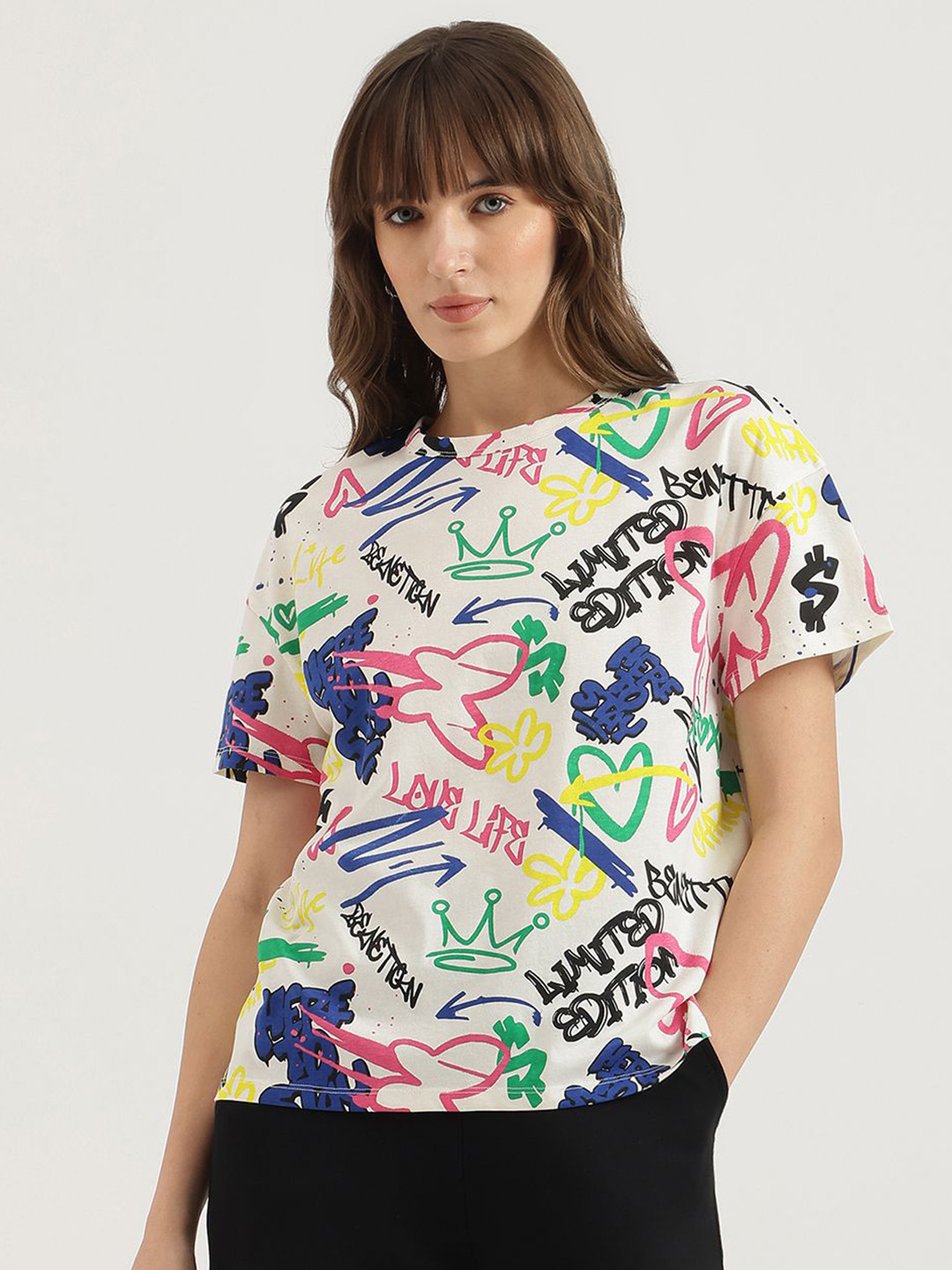 United Colors of Benetton Abstract Printed Round Neck Graffiti Pure Cotton T-shirt