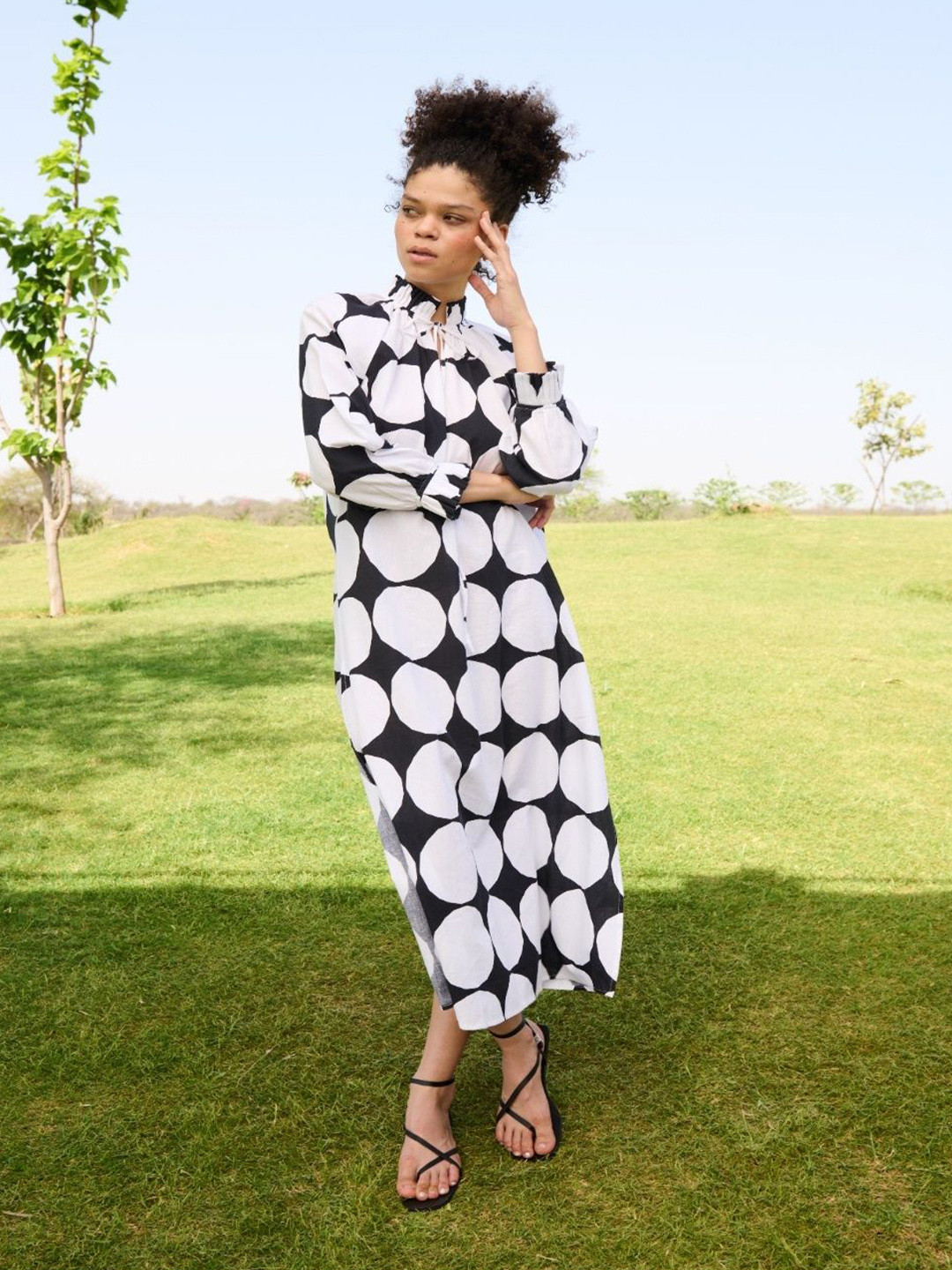 RAAS LIFE Daisy Women Polka Dots Printed High Neck A-Line Maxi Dress