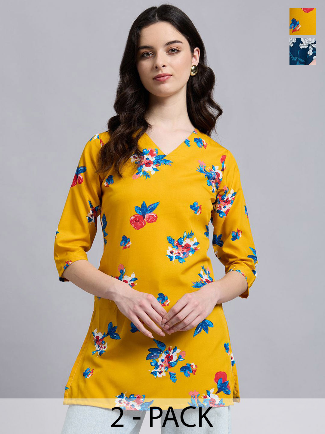 THE FAB FACTORY Women Pack Of 2 Floral Printed V-Neck Lightweight Kurti