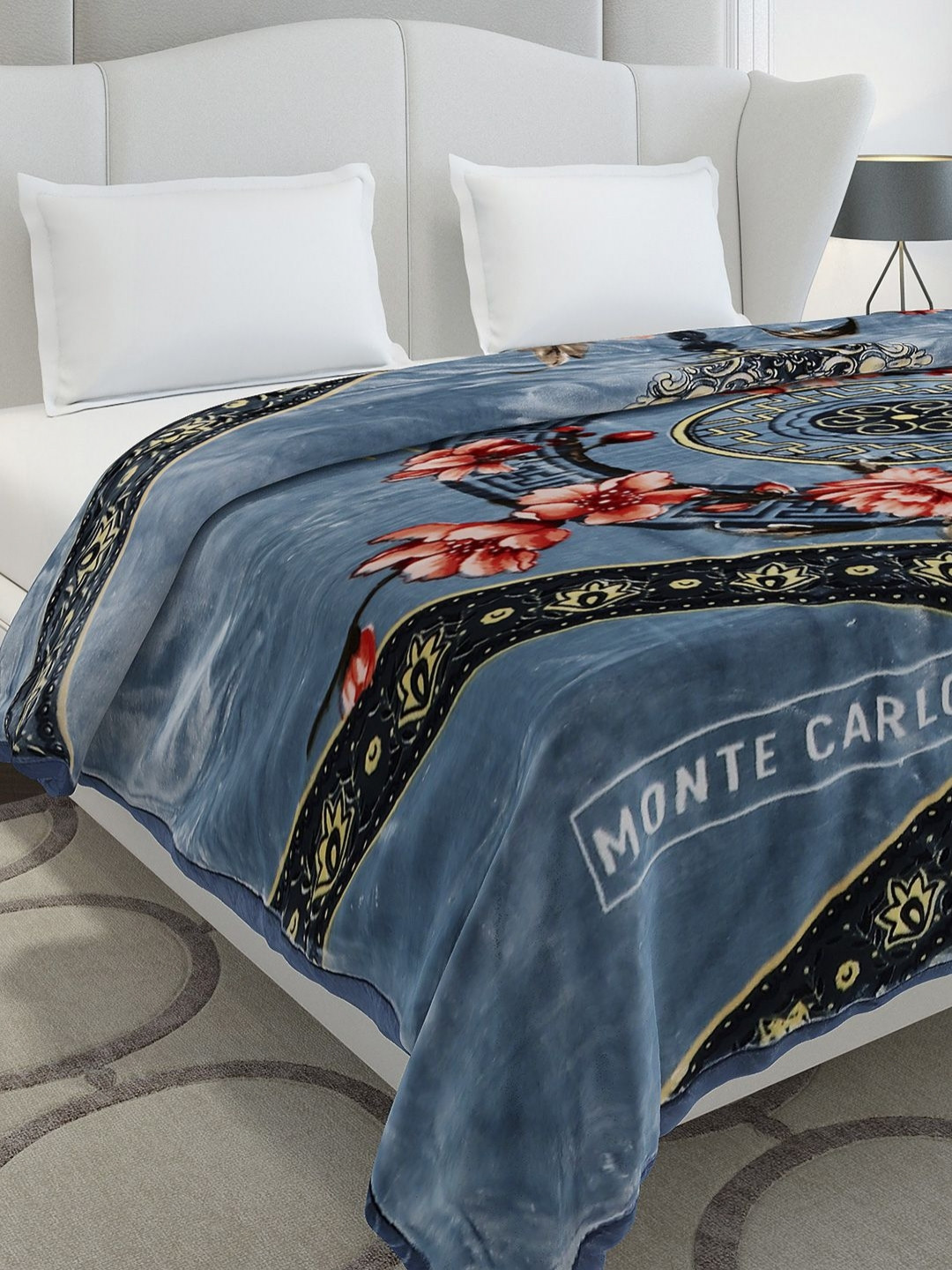 Monte Carlo Monarch Blue & Orange Colored Printed Heavy Winter Double Bed Blanket 1136 GSM