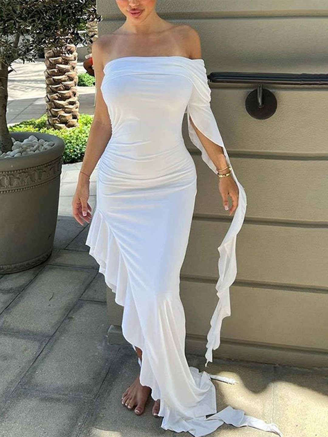 LULU & SKY Women Strapless Ruffles Ruched  Asymmetric Maxi Dress