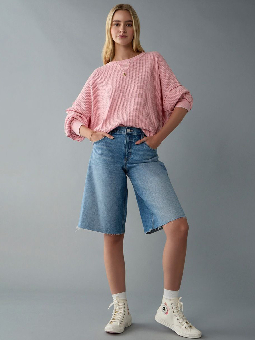 AMERICAN EAGLE OUTFITTERS Women Waffle Knit Longline Pullover