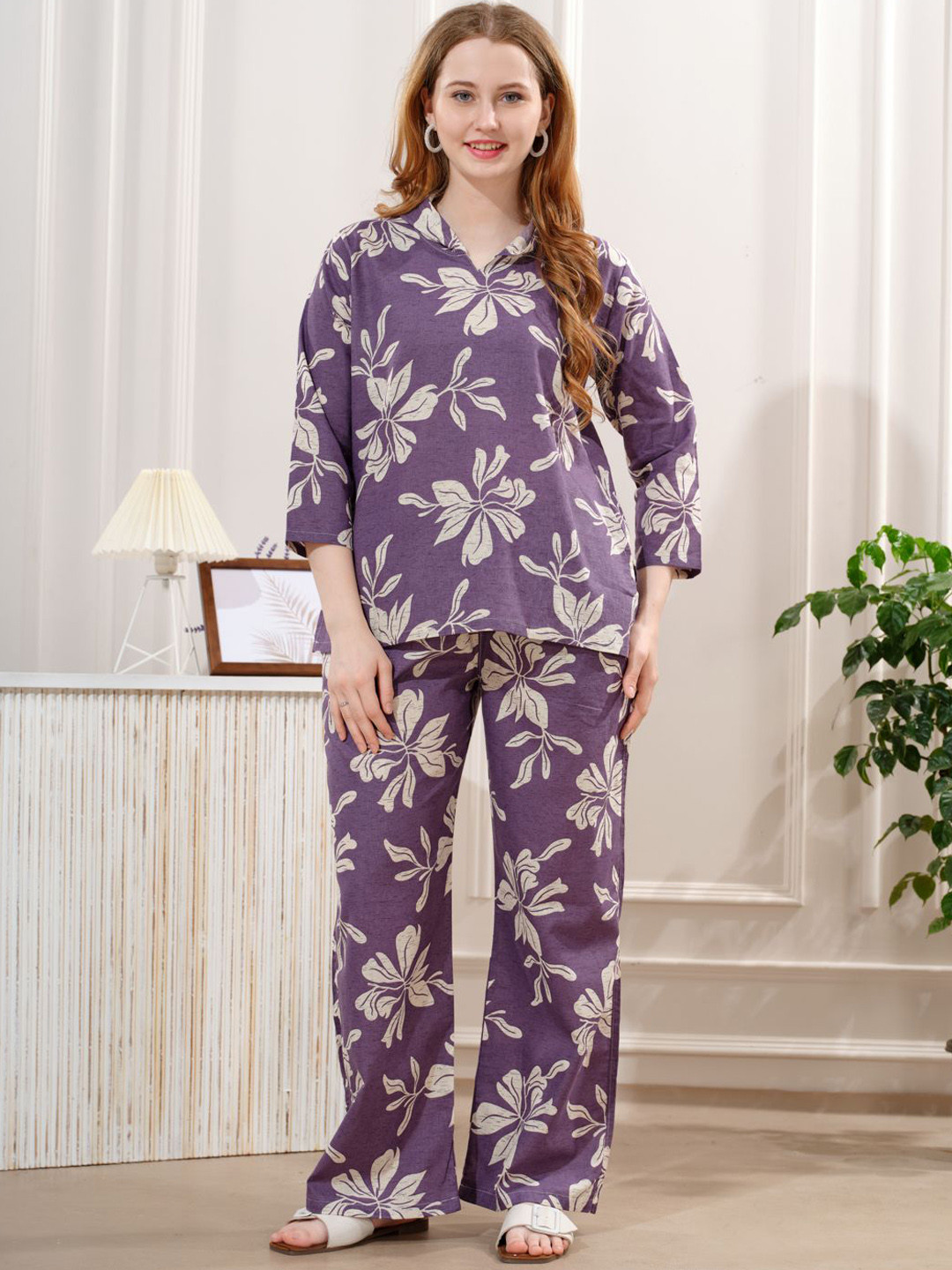 NIGHT FLOSS Floral Printed Hooded Sweatshirt With Palazzo Co-Ords