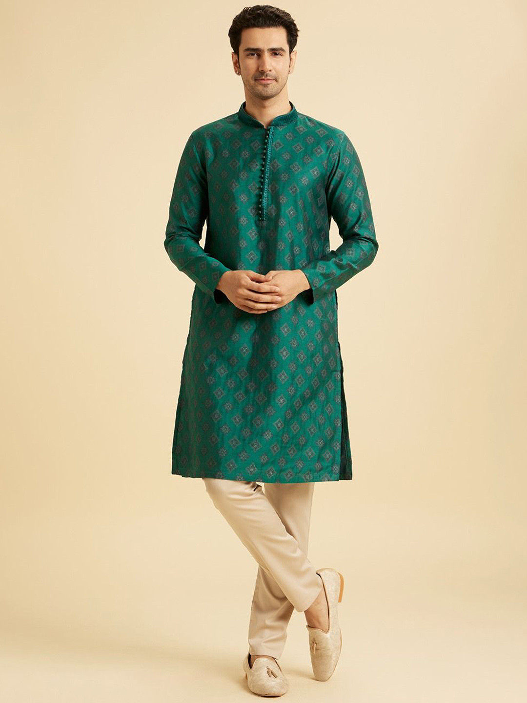 Manyavar Adults-Men Woven Design Kurta with Pyjamas