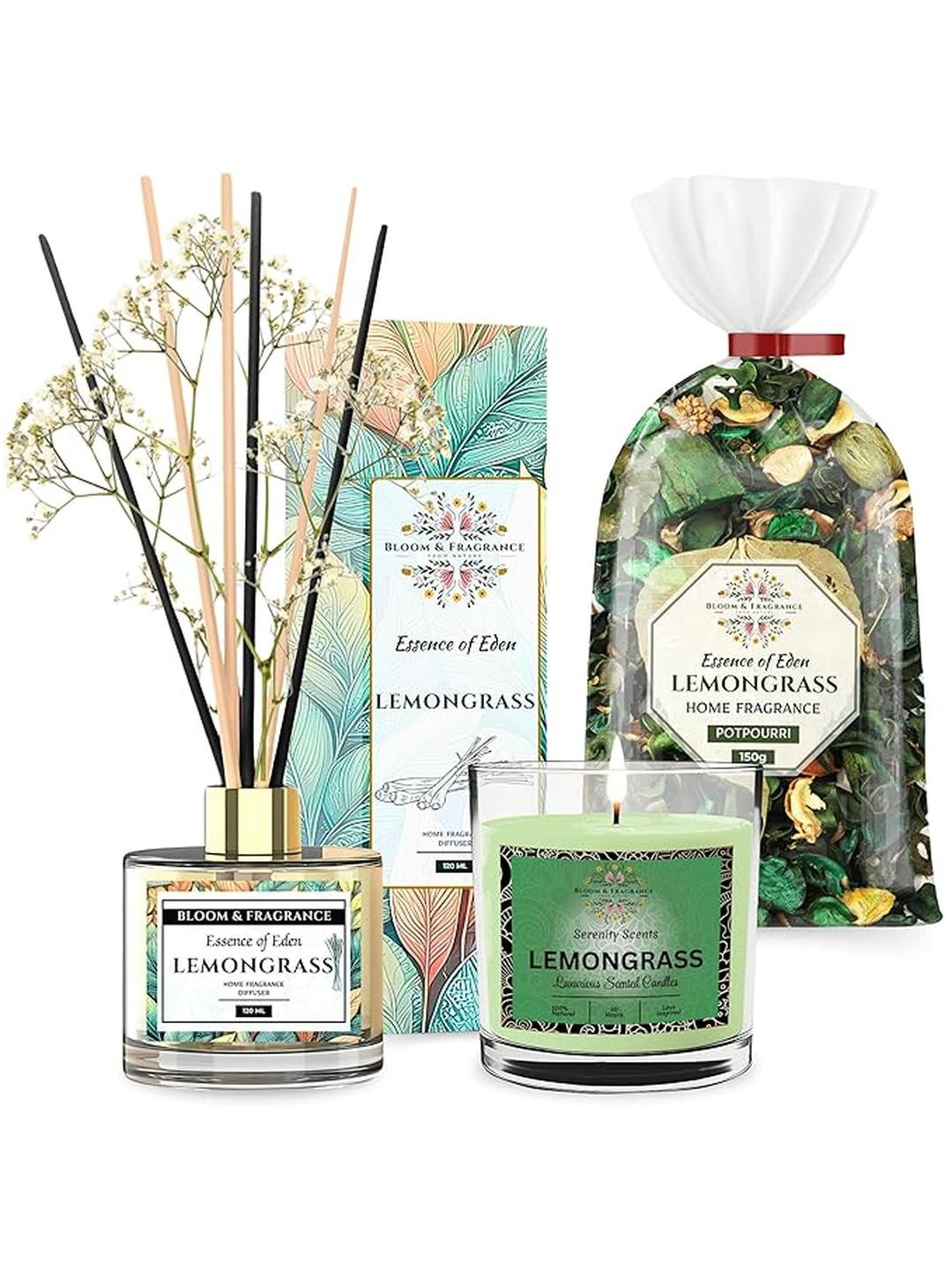 Bloom & Fragrance Green 120ml Reed Diffuser Scented Candle & 150g Potpourri Gift Set