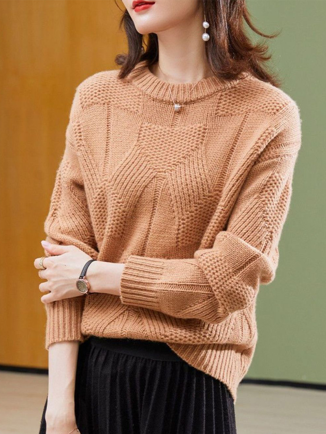 bebe Women Self Design Geometric Pattern Knit Pullover Sweater