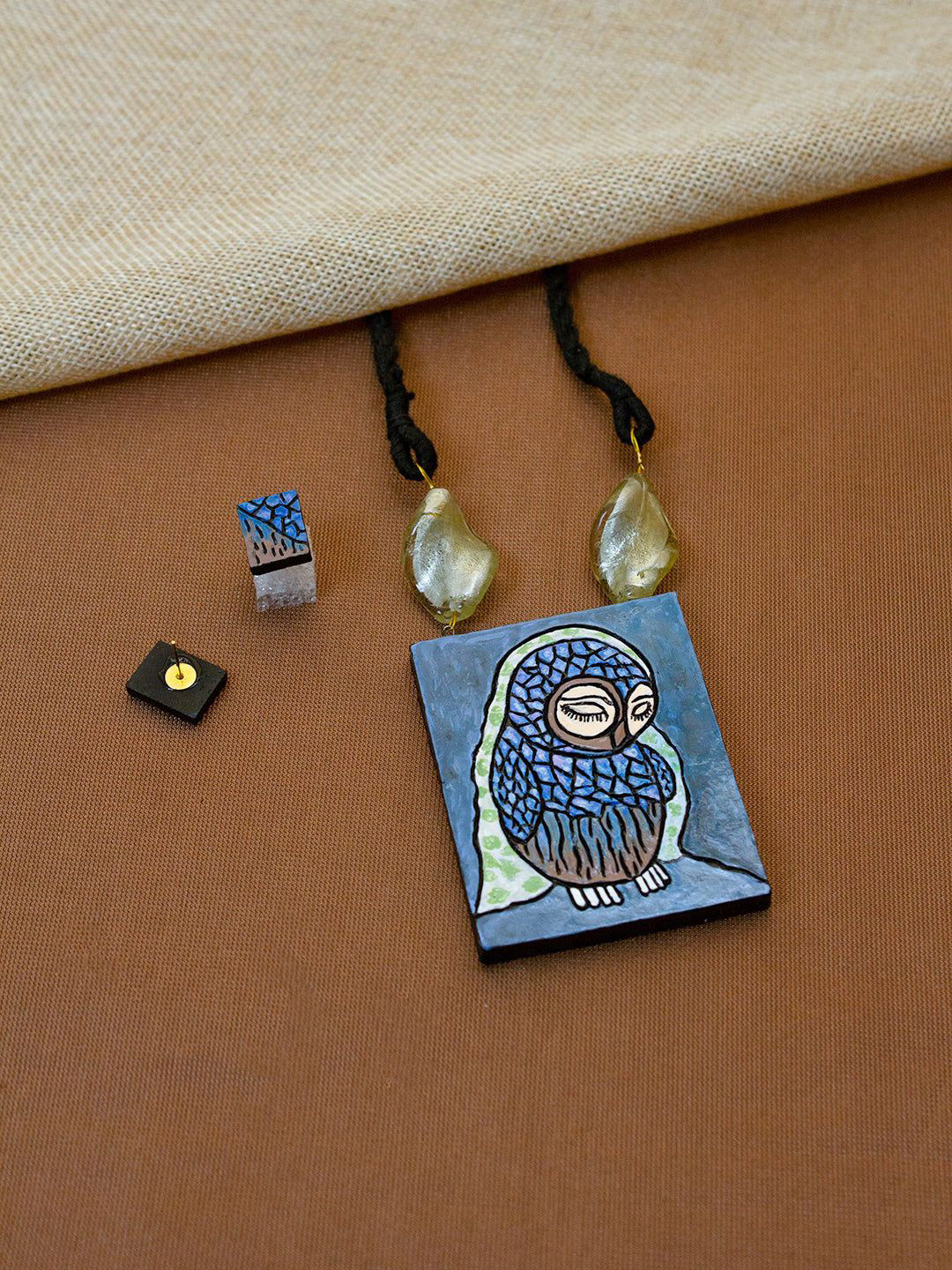 JUMKEY Owl Motif Terracotta Necklace and Earrings Jewellery Set