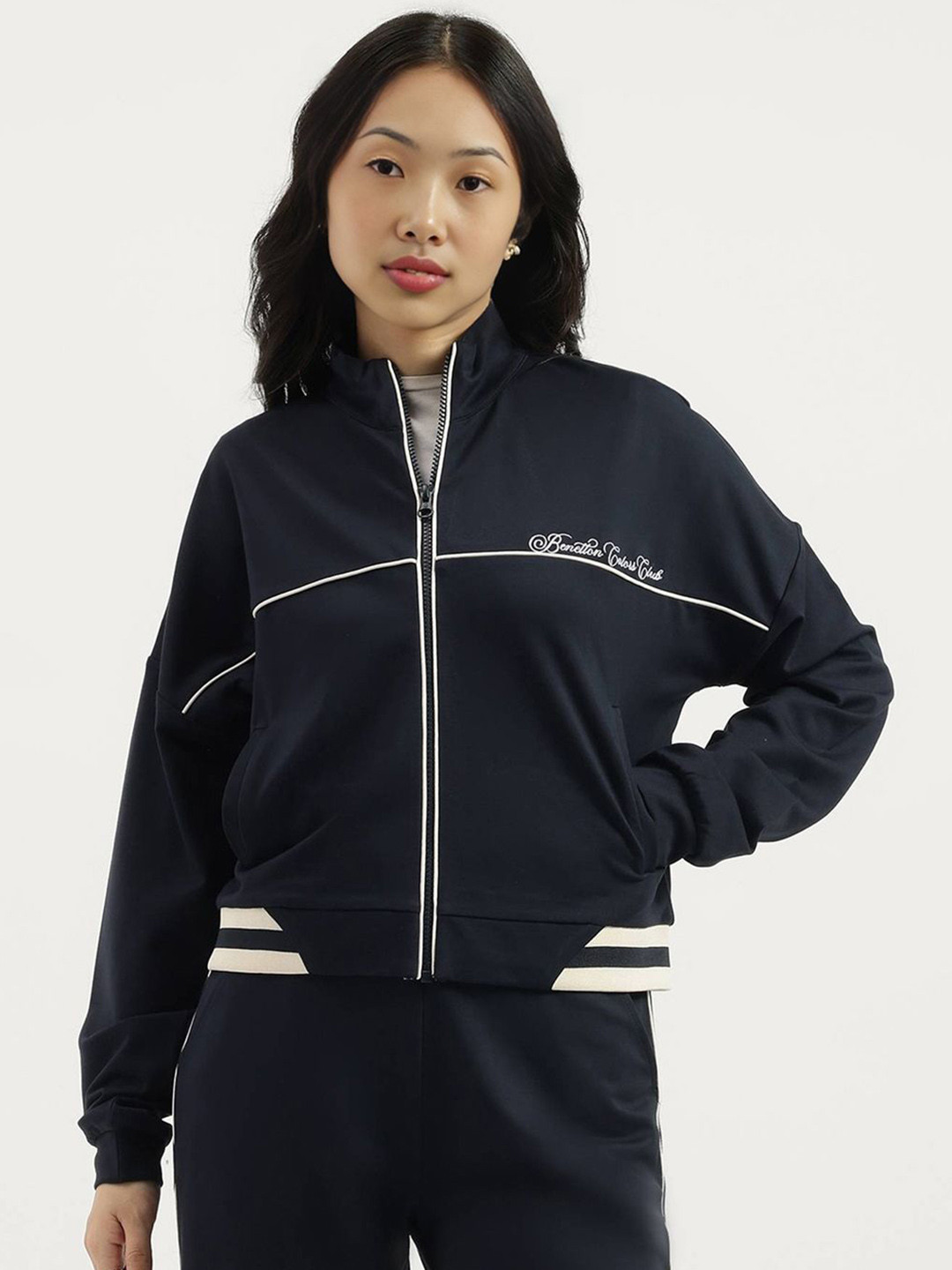 United Colors of Benetton Women Mock Collar Solid Bomber Jacket