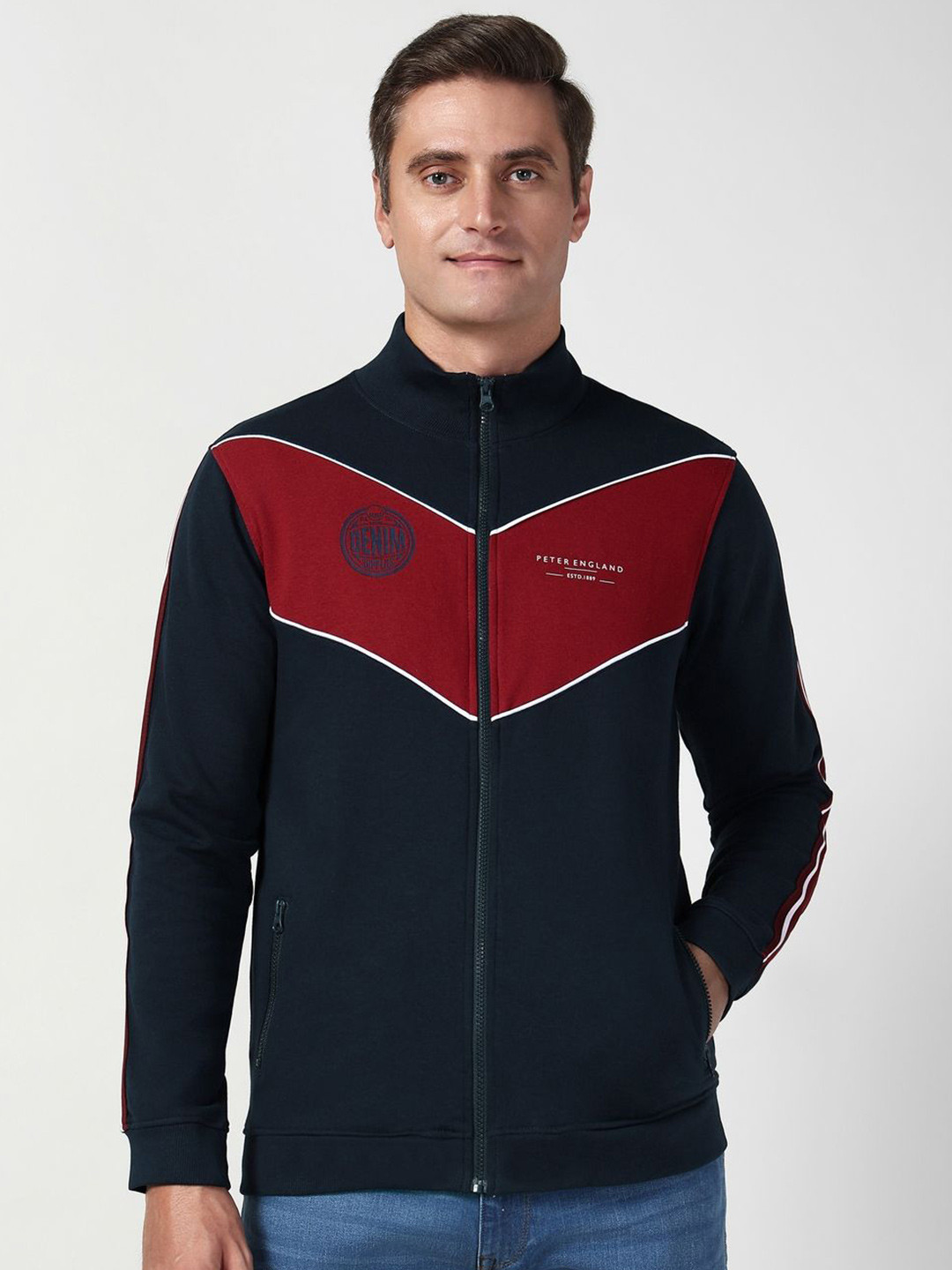Peter England Casuals Men Colourblocked Patterned Round Neck Sweatshirt