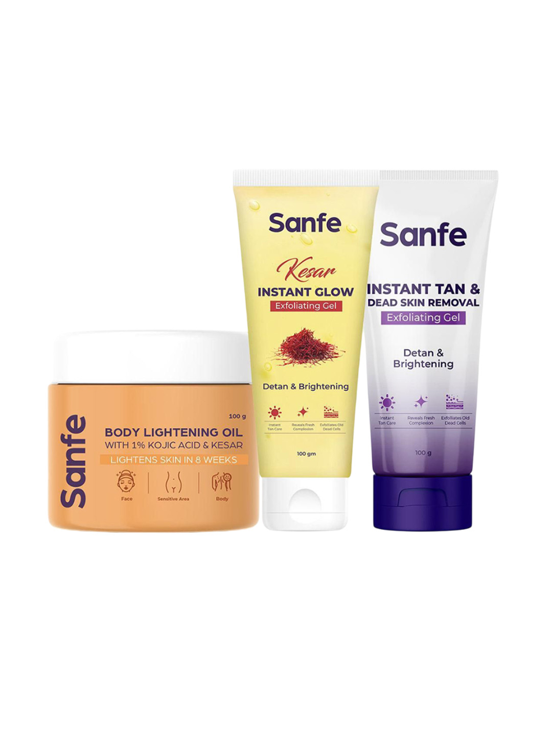 Sanfe Set Of 3 Tan Removal Gel + Kesar Exfoliating Gel + Body Lightening Oil - 100g Each