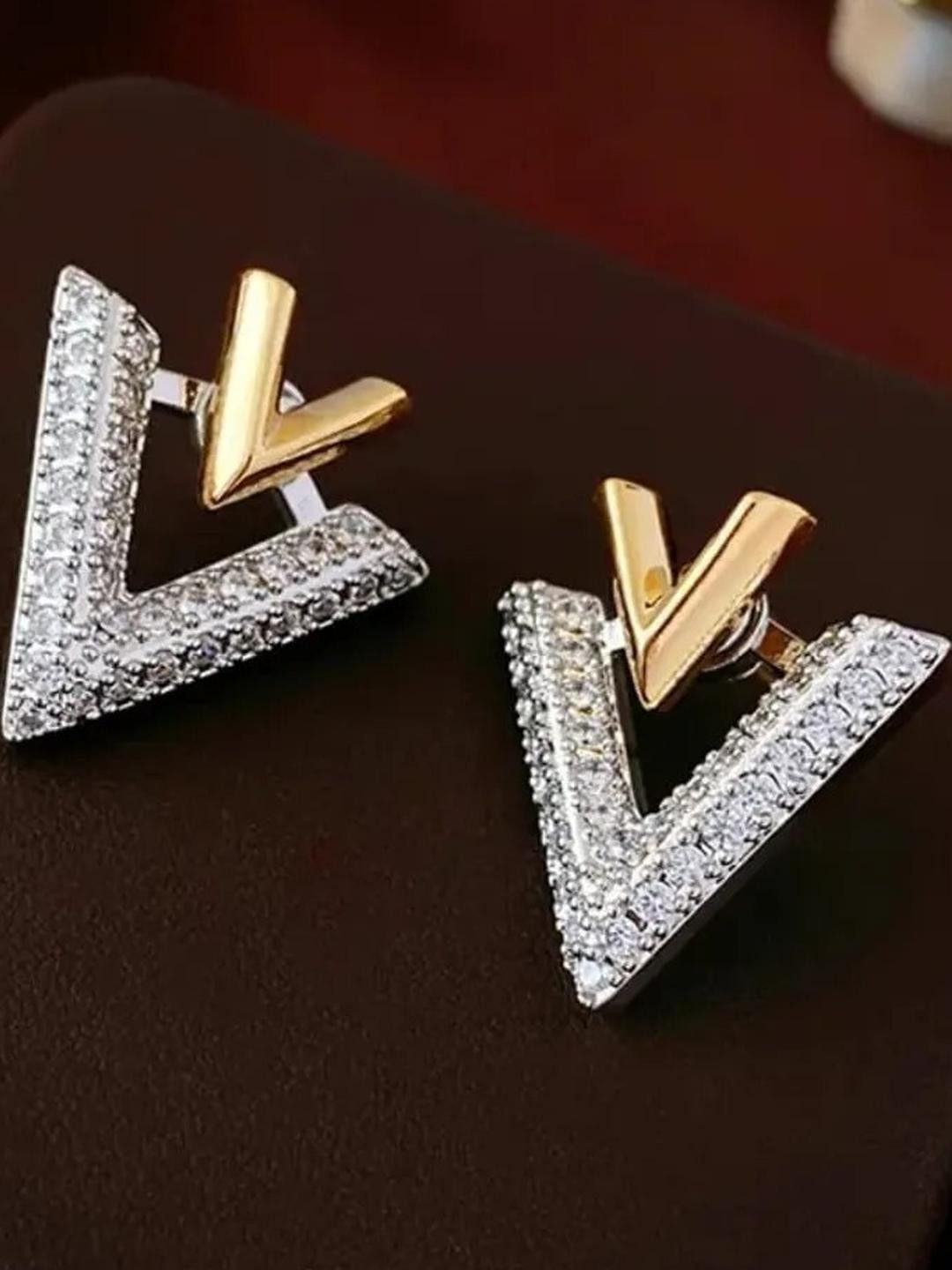 Khusha Creations Gold & Diamond-Tone Finish V-Shaped Stud Earrings