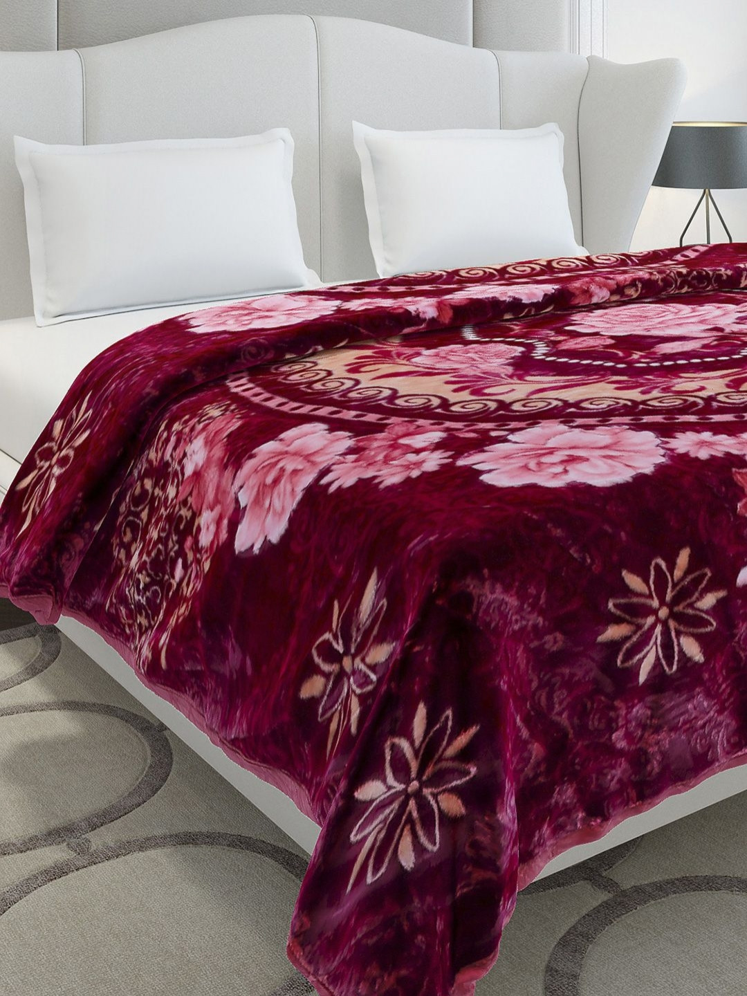 Monte Carlo Marshal Maroon & Pink Printed Heavy Winter Double Bed Blanket 852 GSM