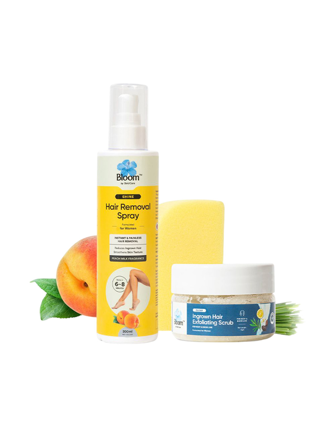 Bloom Set Of 2 Hair Removal Spray - 200 ml & Ingrown Hair Exfoliating Scrub - 200 g