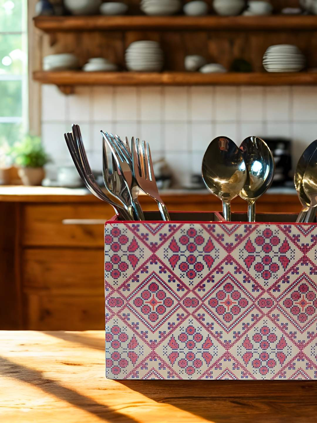 THE HOME CO. White & Red Abstract Printed Wooden 2 Partition Caddy Cutlery Holder
