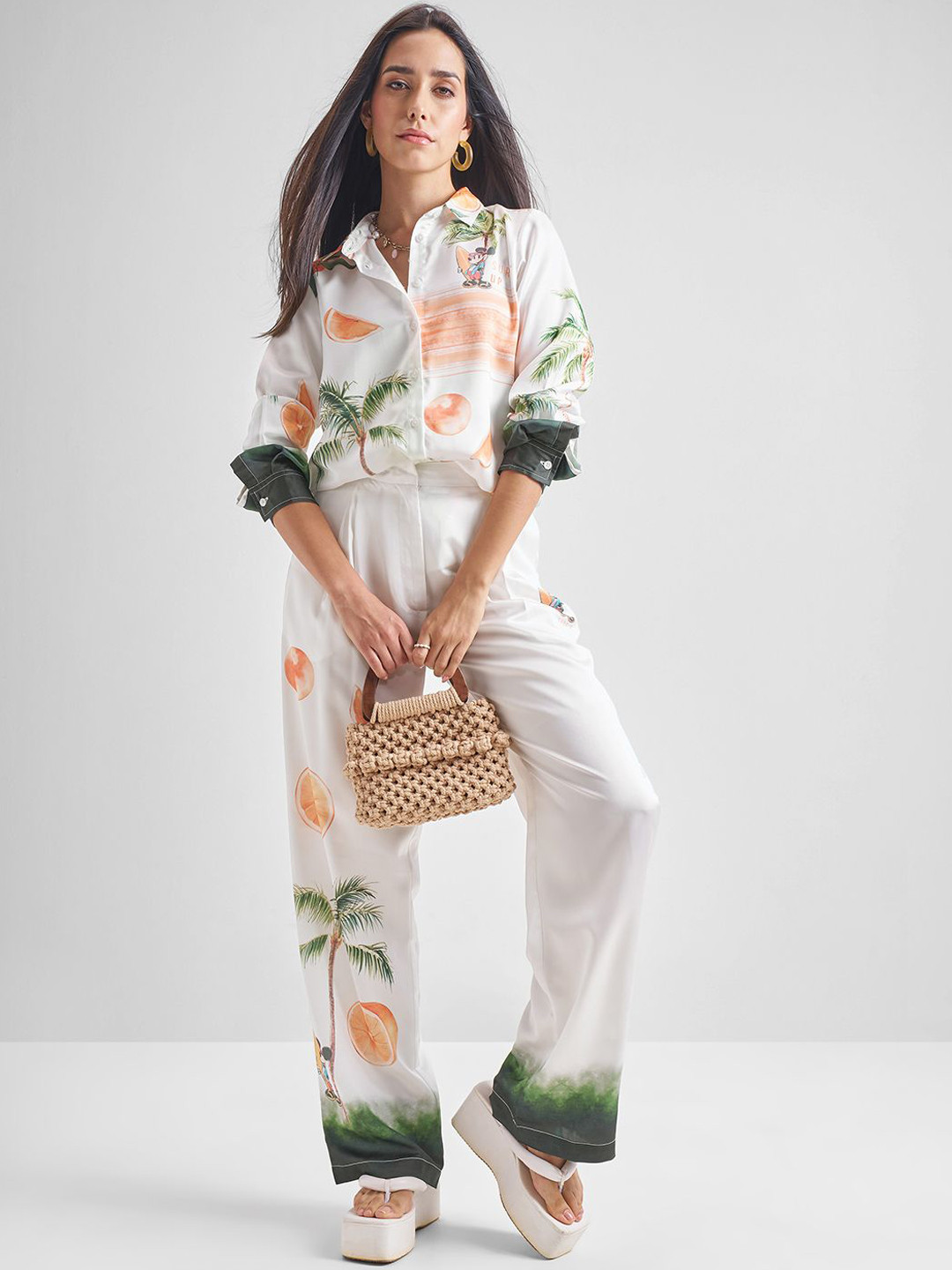 Tokyo Talkies Disney Mickey Mouse Tropical Printed Shirt Collar Satin Shirt & Trousers