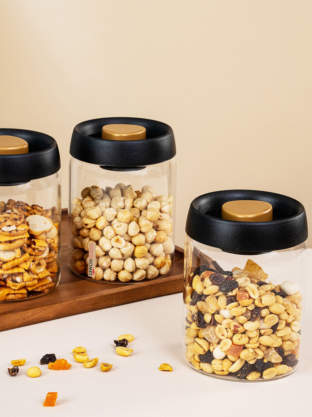 GOODHOMES Transparent & Black 3 Pieces Glass Storage Jars 950ml With Lid