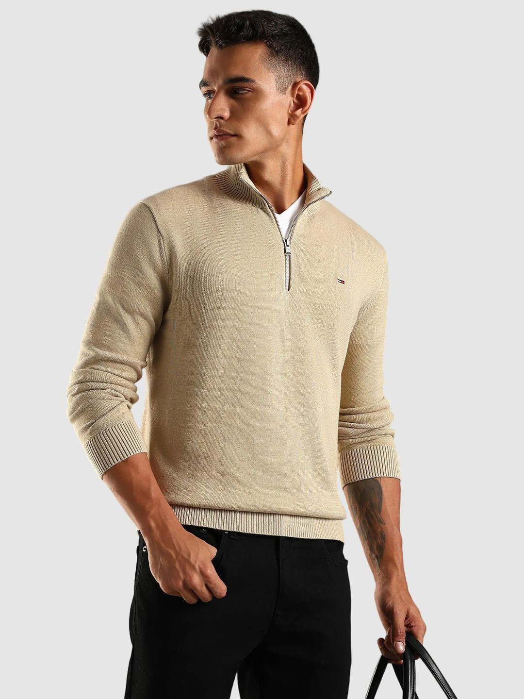 Tommy Hilfiger Men Europe High Neck Half Zipper Cotton Pullover