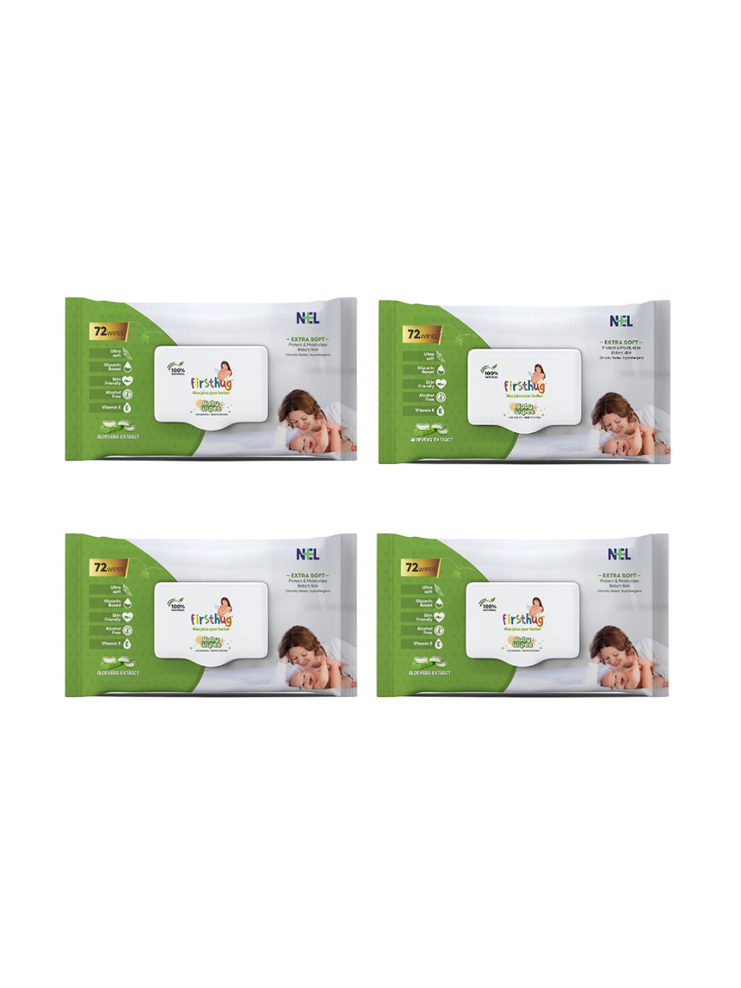 Firsthug Set Of 4 Super Soft Cleansing Baby Wet Wipes With Aloe Vera Extract - 72-Pcs Each