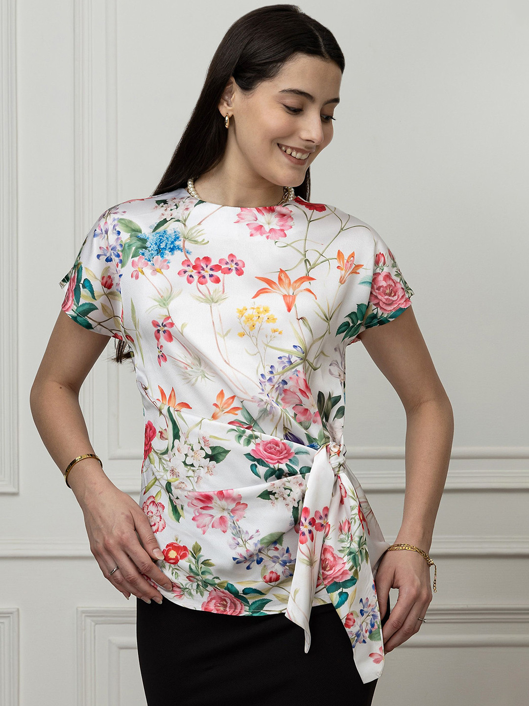 PURYS Women Floral Printed Kimono Sleeve Satin Fitted Top