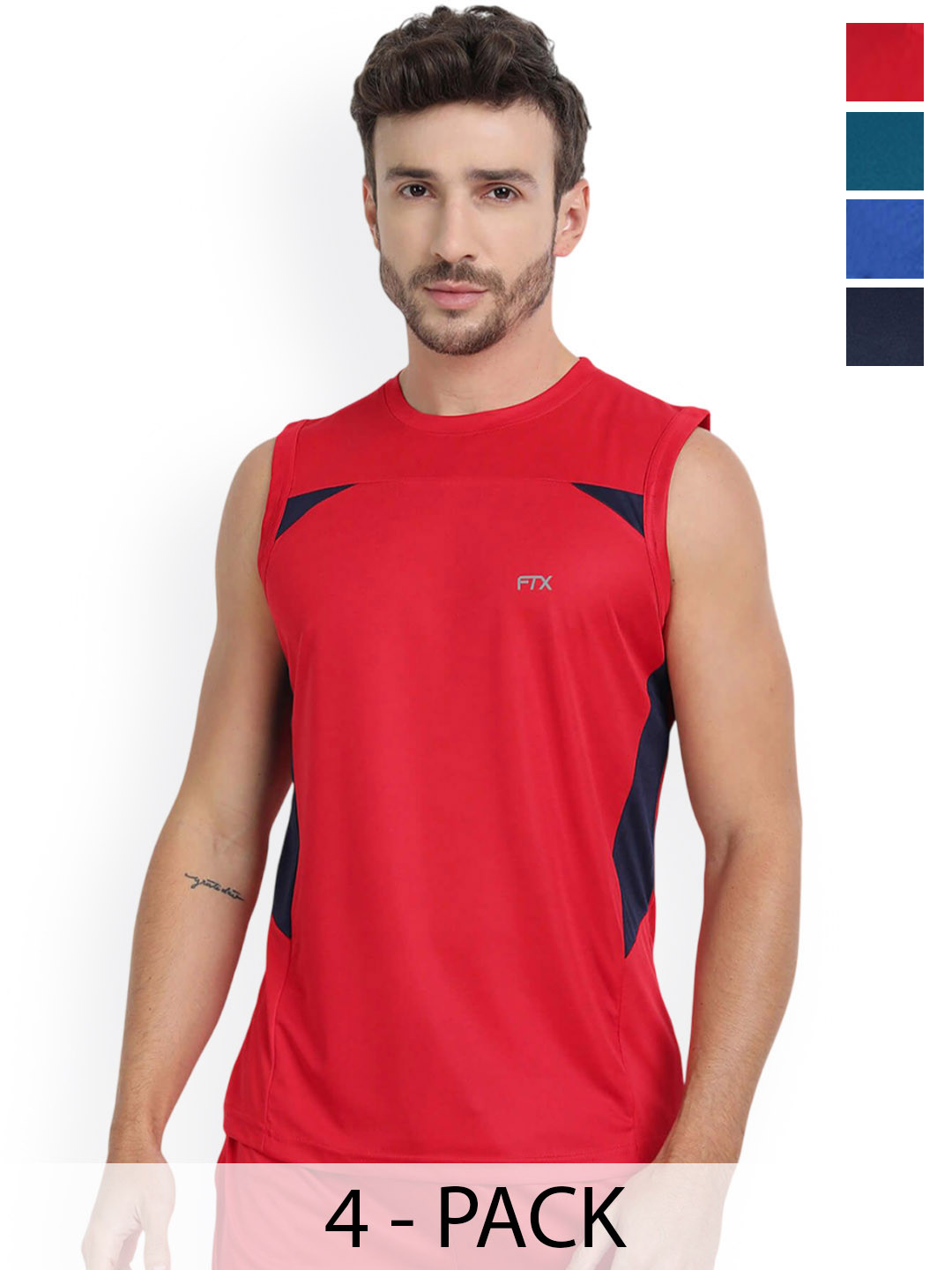 FTX Men Pack Of 4 Colourblocked Round Neck Gym Vests