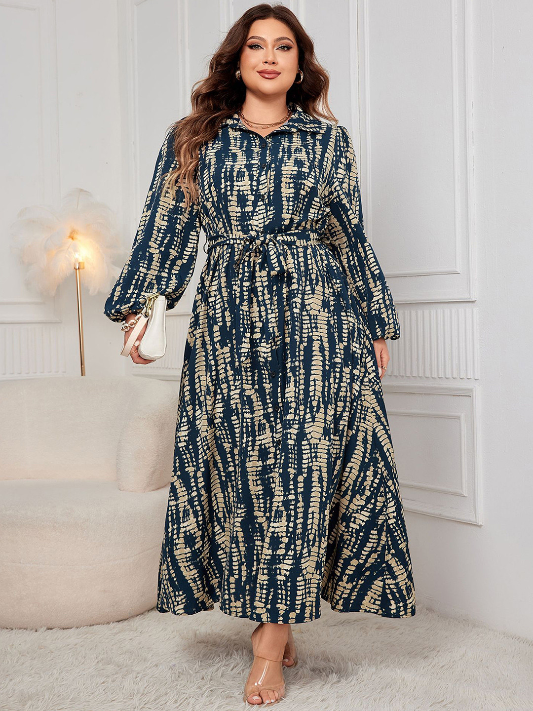 StyleCast Curve Women Shirt Collar Abstract Print Fit and Flare Maxi Dress