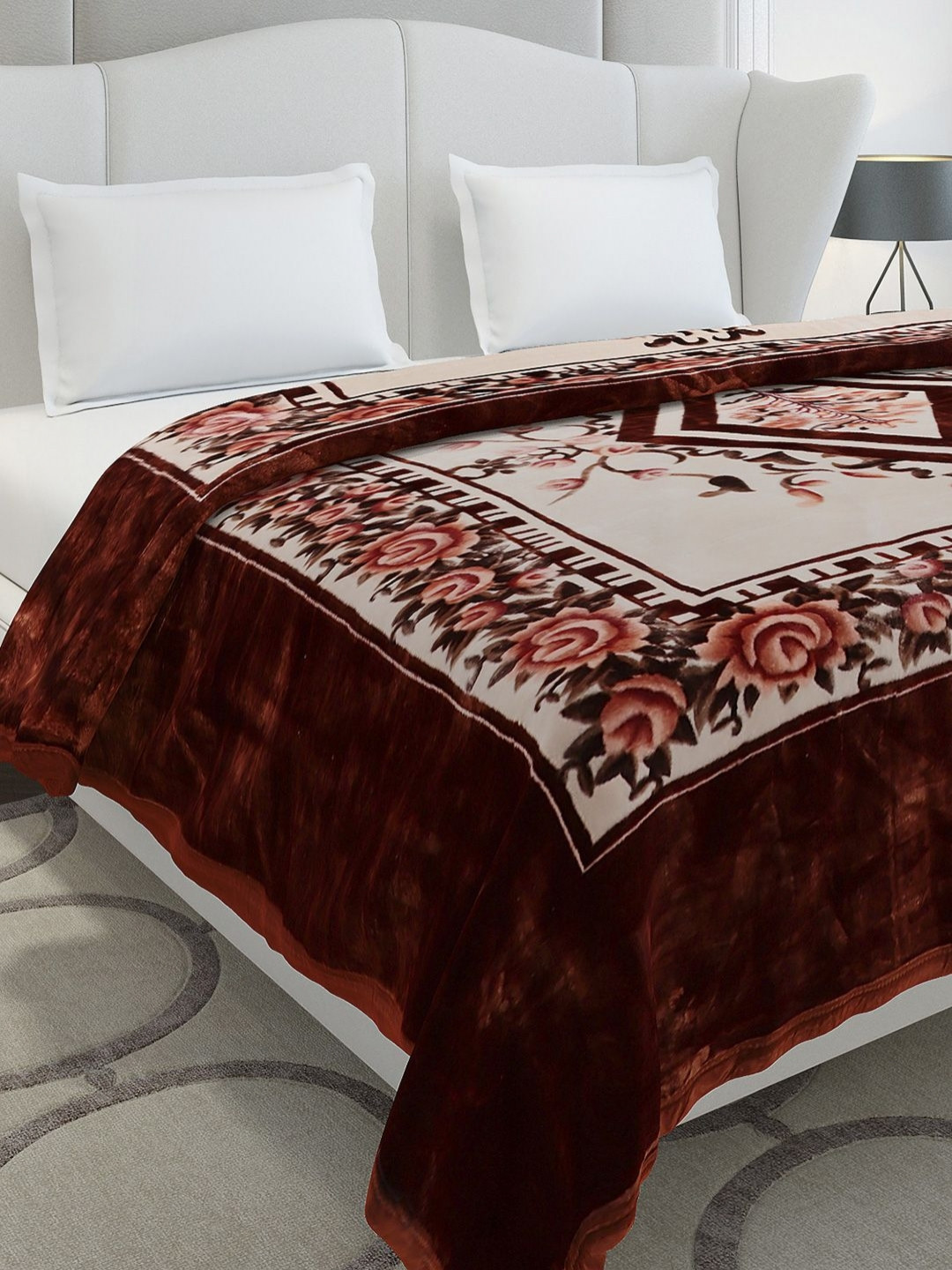 Monte Carlo Emilia Maroon & Brown Printed Heavy Winter Double Bed Blanket 1042 GSM