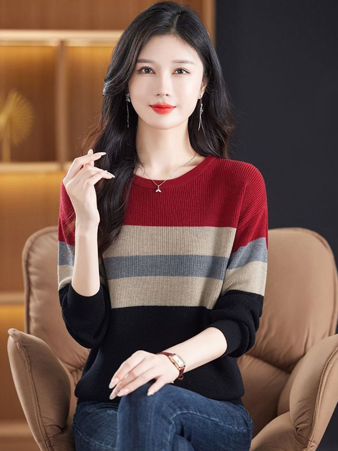 StyleCast Women Colourblocked Ribbed Cashmere Pullover Sweaters