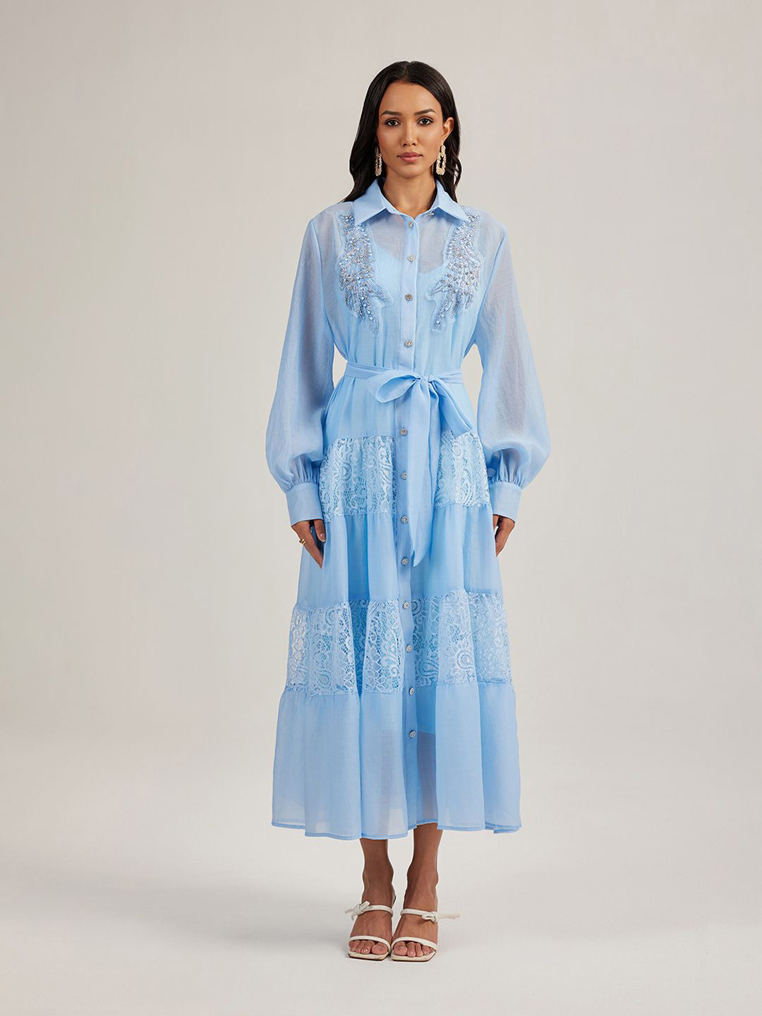 JC Collection Women Ethnic Motifs Embroidered Lace Insert Shirt Midi Dress