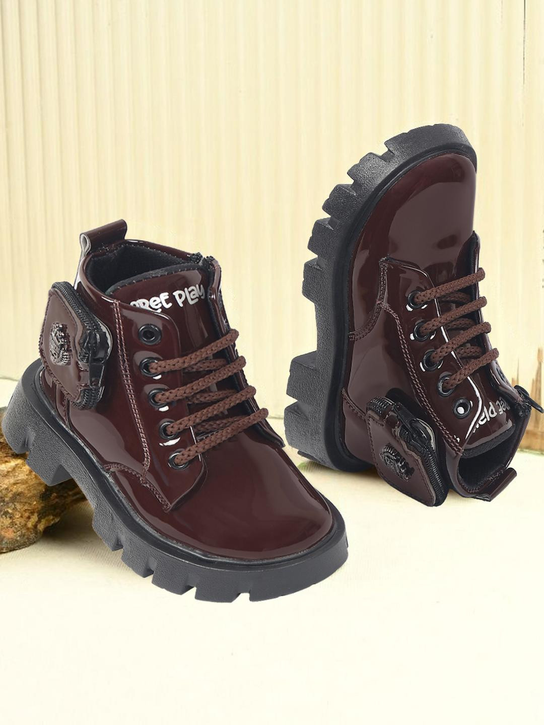 Freeplay Boys Brown Solid Synthetic Leather High Top Lace-Ups Block Heel Boots