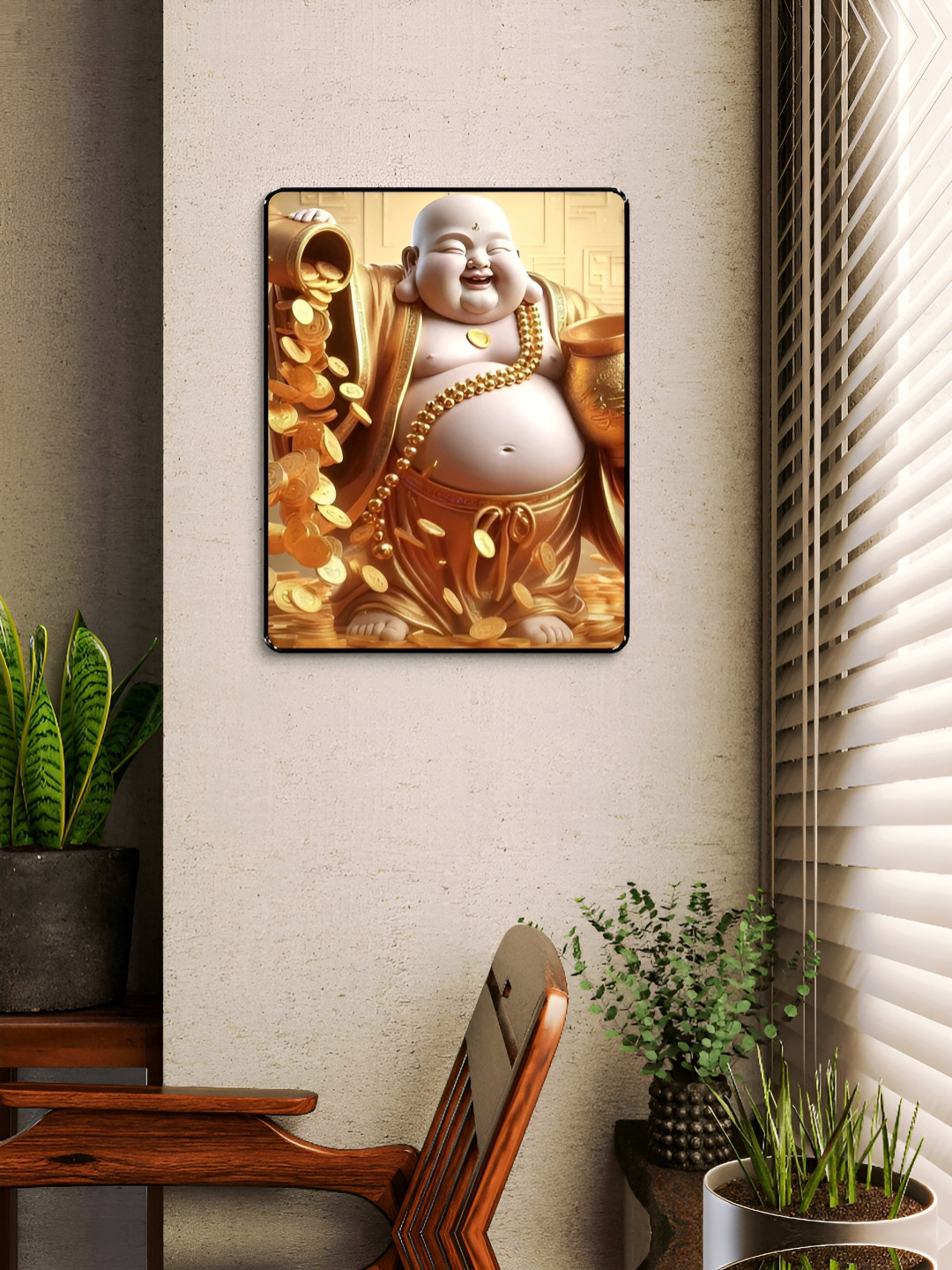 Livin'luxe Gold-Toned & Off White Laughing Buddha Wealth Wall Art