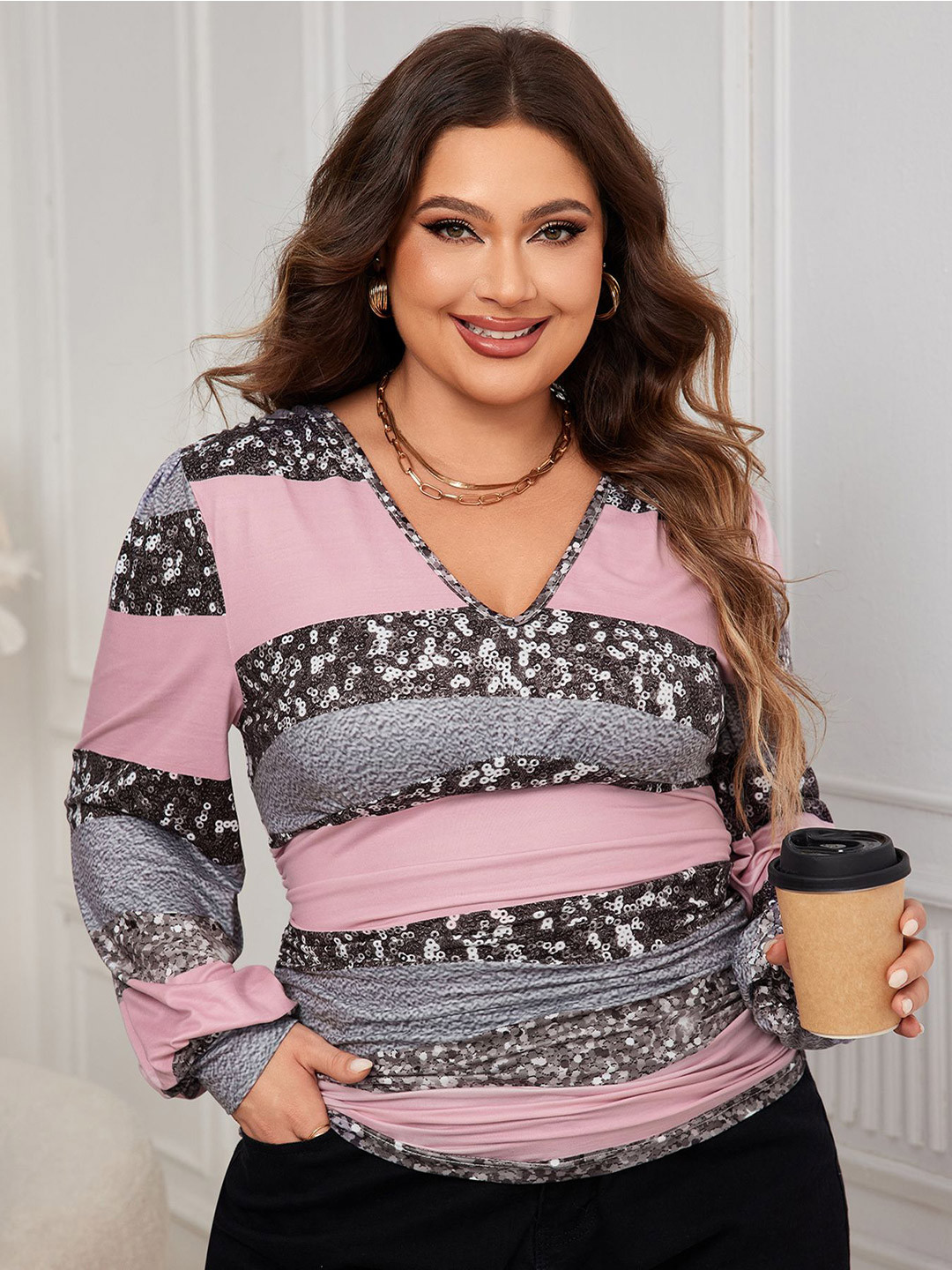 StyleCast Curve Women Sequined V-Neck Top