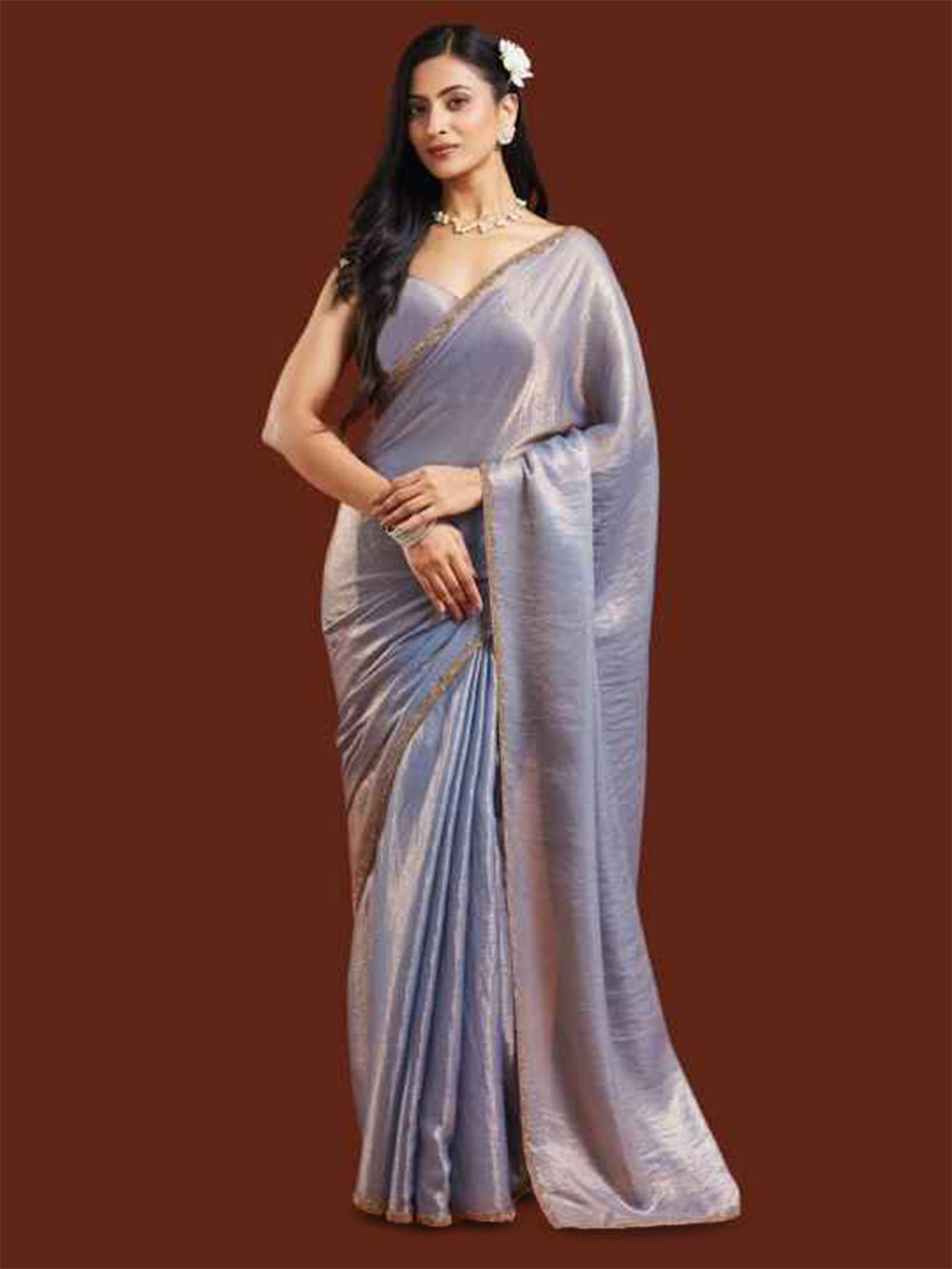LOROFY Two Tone Embellished Beads & Stone Work Space Silk Saree