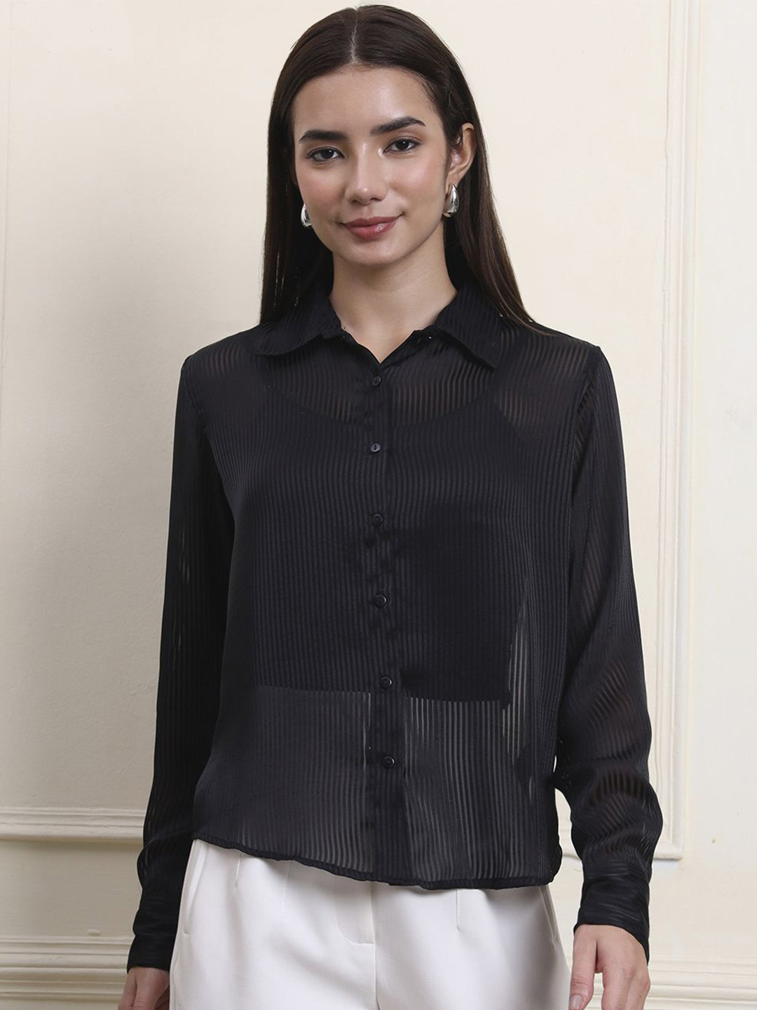 JUNE & HARRY Women Comfort Fit Textured Spread Collar Casual Shirt