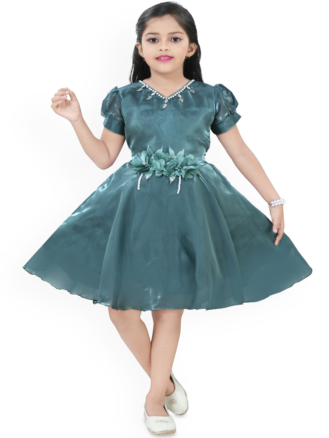 T Sumaita Dresses Girls Embellished Puff Sleeve Satin Fit & Flare Dress
