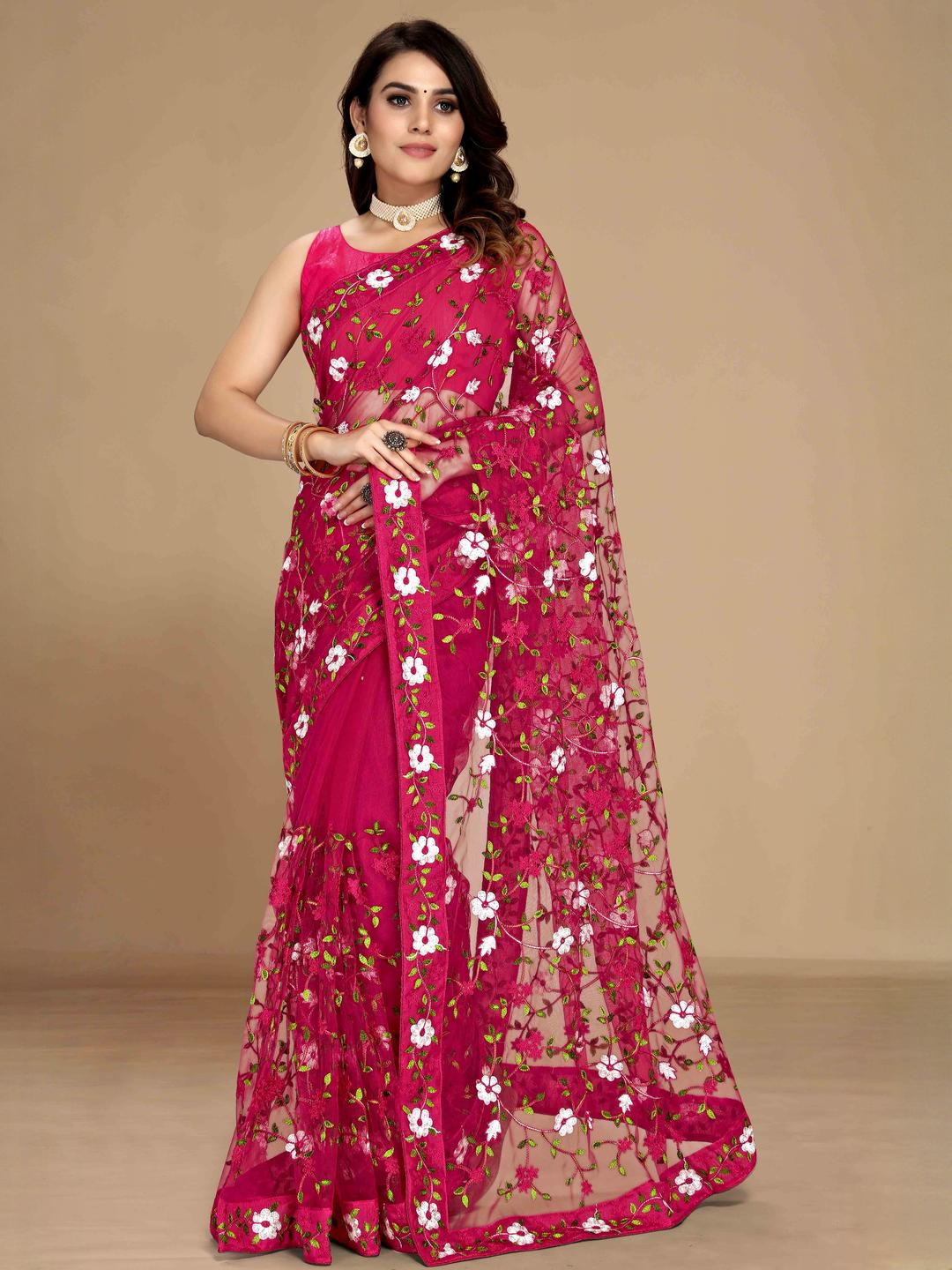 Peachmode Pink Net  Sarees
