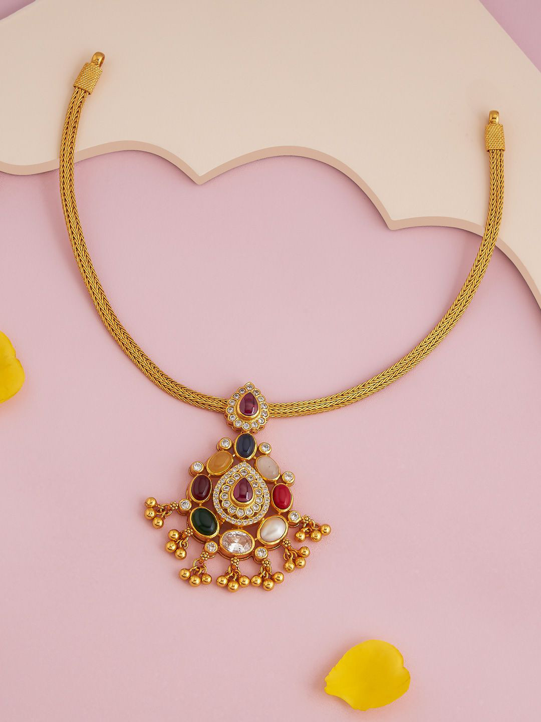 Kushal's Fashion Jewellery Navaratna Gold-Plated Ethnic 92.5 Pure Silver Temple Necklace