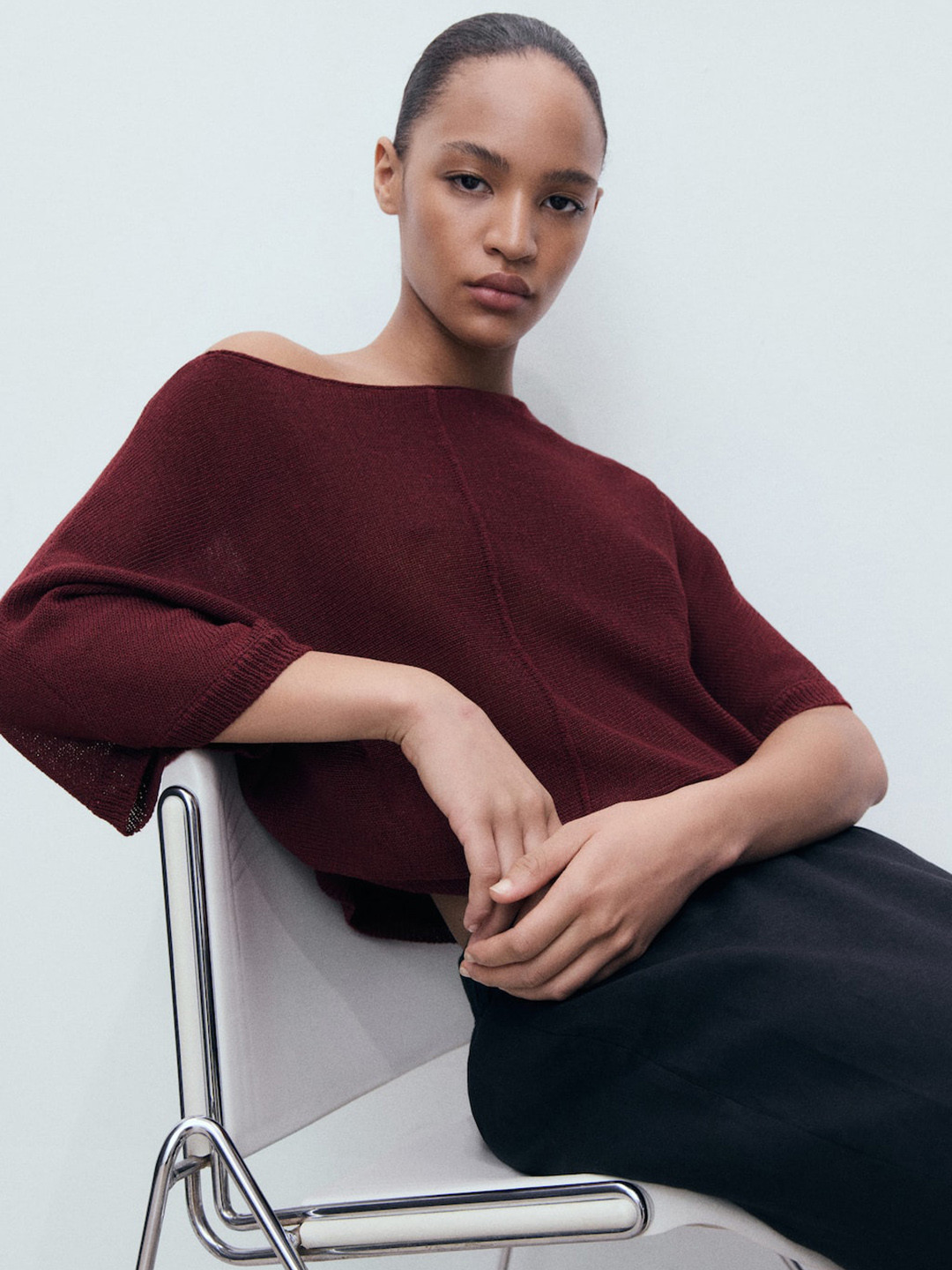 MANGO Boat Neck Batwing Sleeve Knitted Crop Top