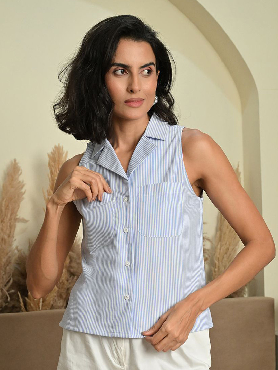 BAESD Vertical Striped Notch Collar Sleeveless Slim Fit Pure Cotton Shirt