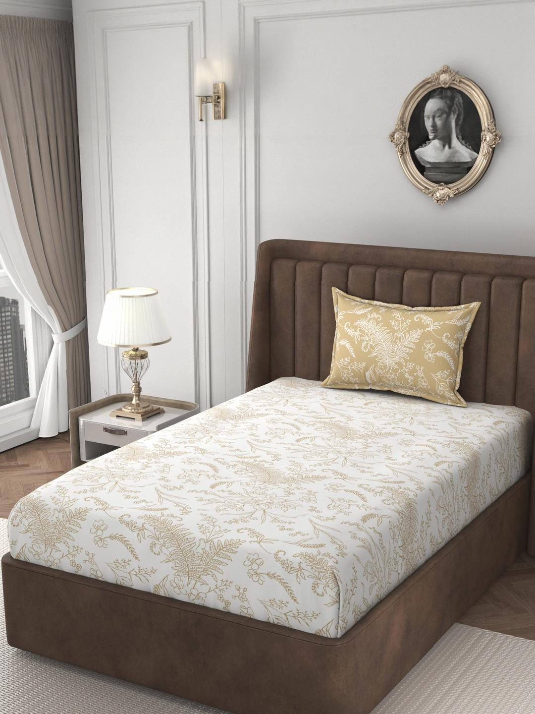 HIDECOR White & Beige Leaf Printed 210 TC Single Bedsheet with 1 Pillow Covers