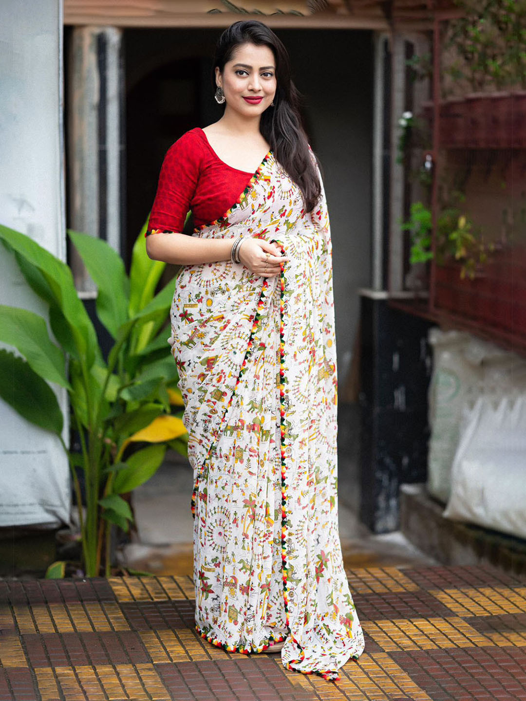 V3 FASHION STUDIO Warli Printed Embroidered Detail Saree